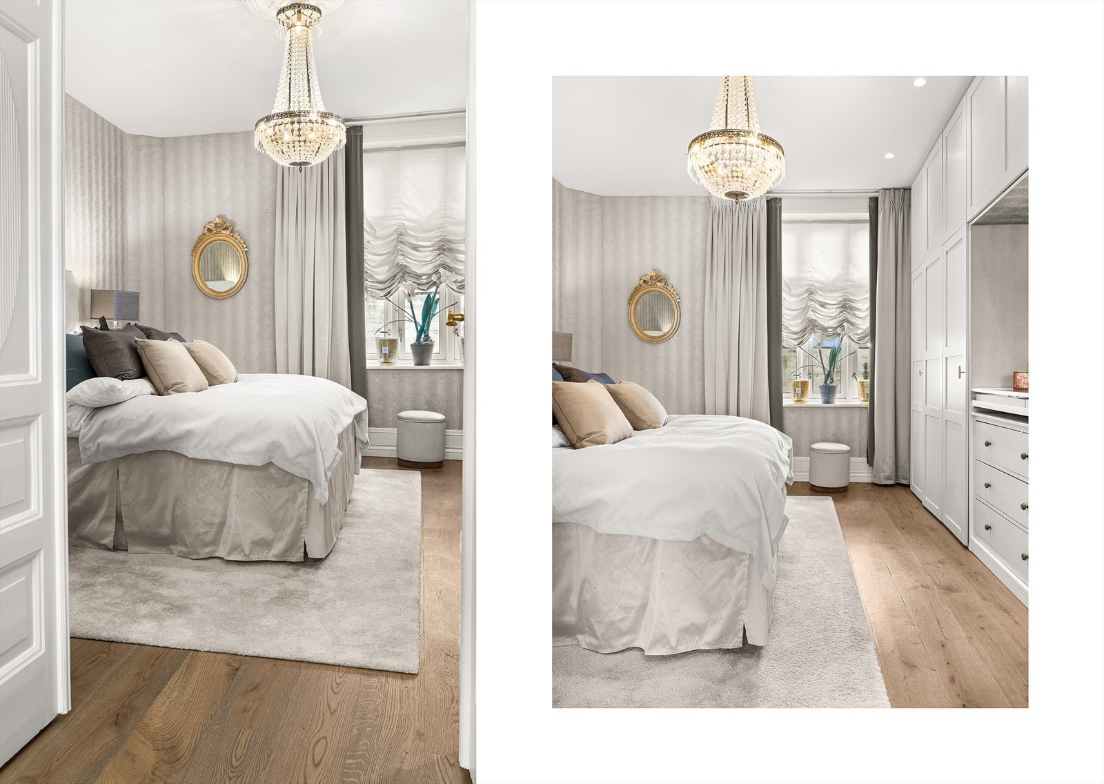 Fra hallen ledes du inn til hovedsoverommet med suite-følelse - romslig, luftig og gjennomført med myke tekstiler, lyse vegger. Galleribilde