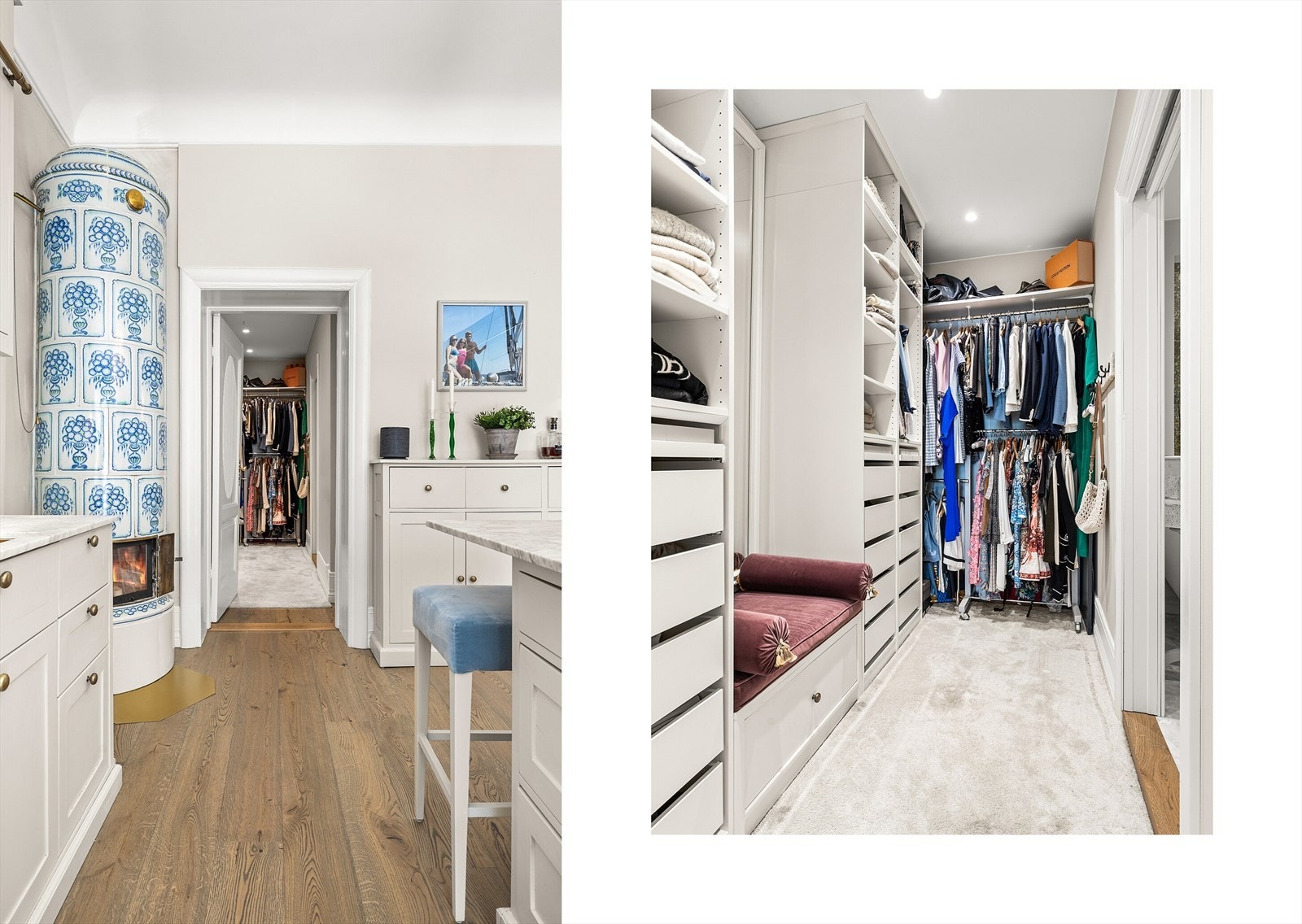 I tilknytning kjøkken og bad ligger et romslig omkledningsrom, samt rom til vaskemaskin med spesialtilpasset garderobeløsning, skreddersydd for deg som verdsetter orden og oversikt. Galleribilde