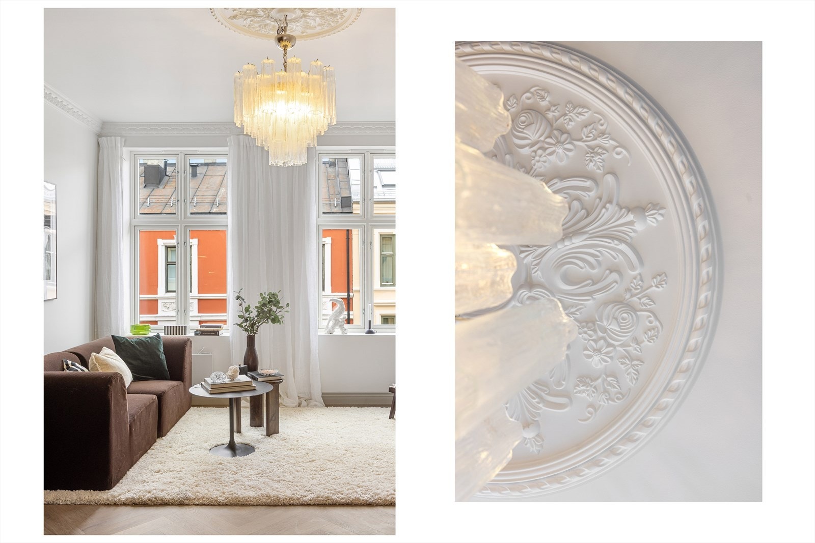 Lekre, klassiske detaljer som stukkatur, rosett og fiskebensgulv. Galleribilde