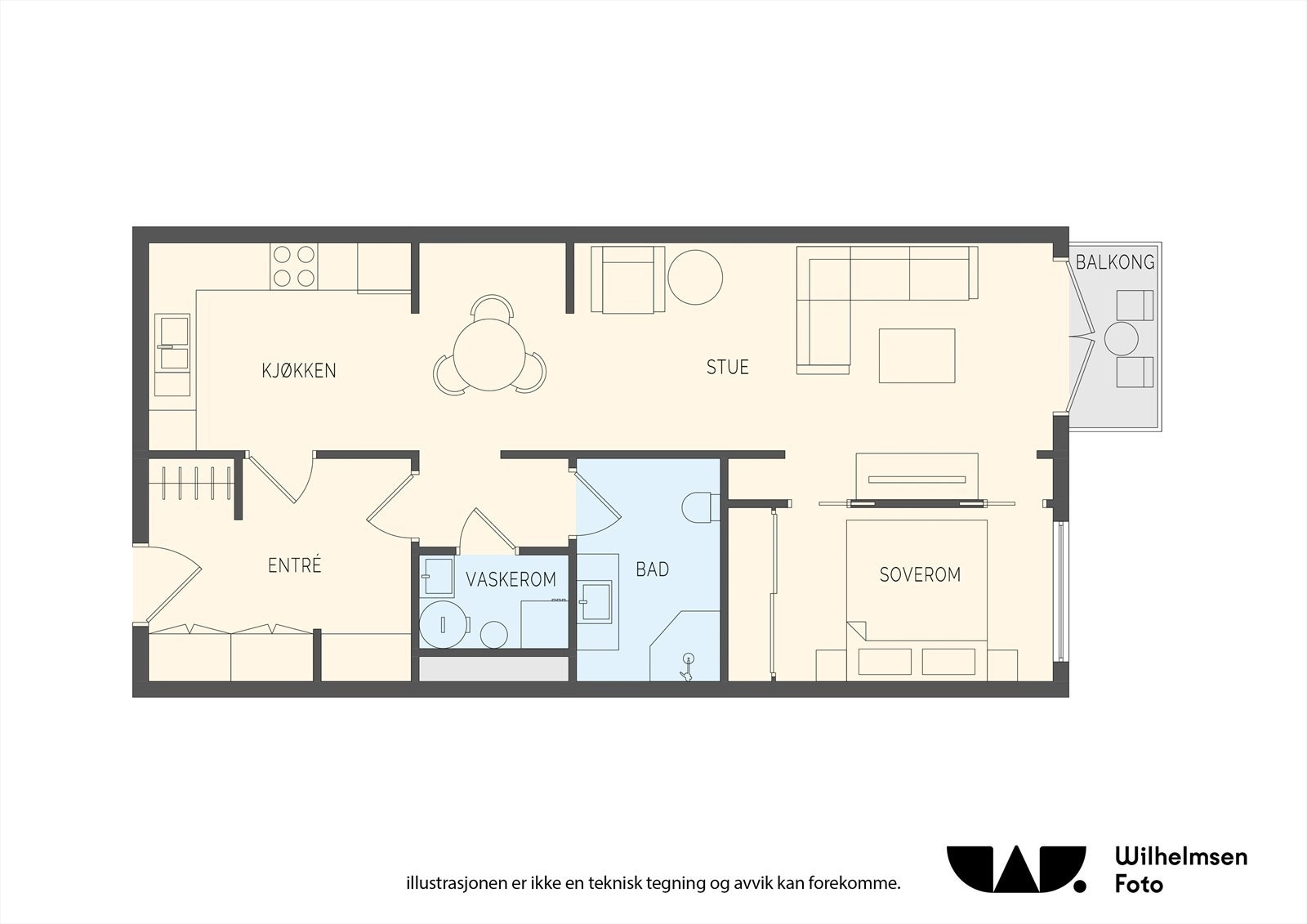 Plantegningen viser en praktisk planløsning med definert entré, åpen stue og kjøkken, samt adskilte våtrom og soverom. Galleribilde