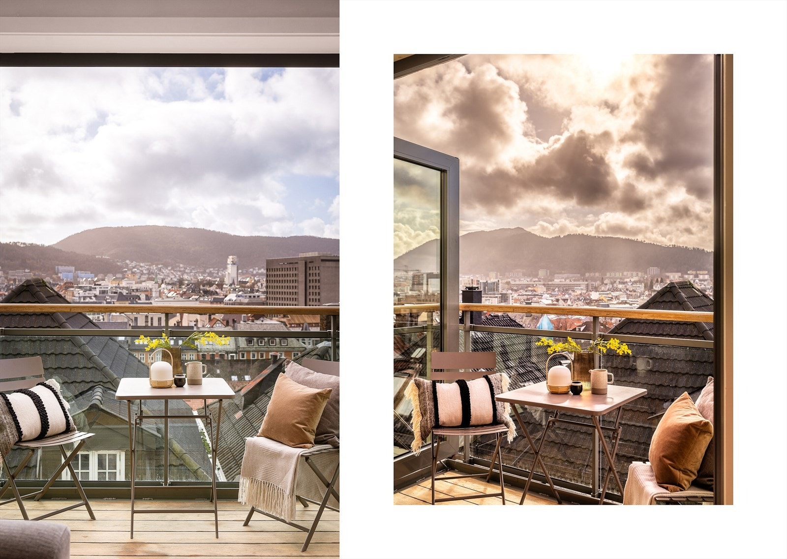 Balkongen har utsikt over byens tak og omkringliggende fjell. Galleribilde