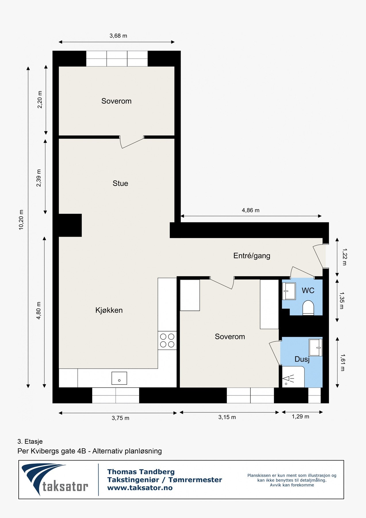 Alternativ planløsning hvor det etableres et ekstra soverom i stuen. Galleribilde
