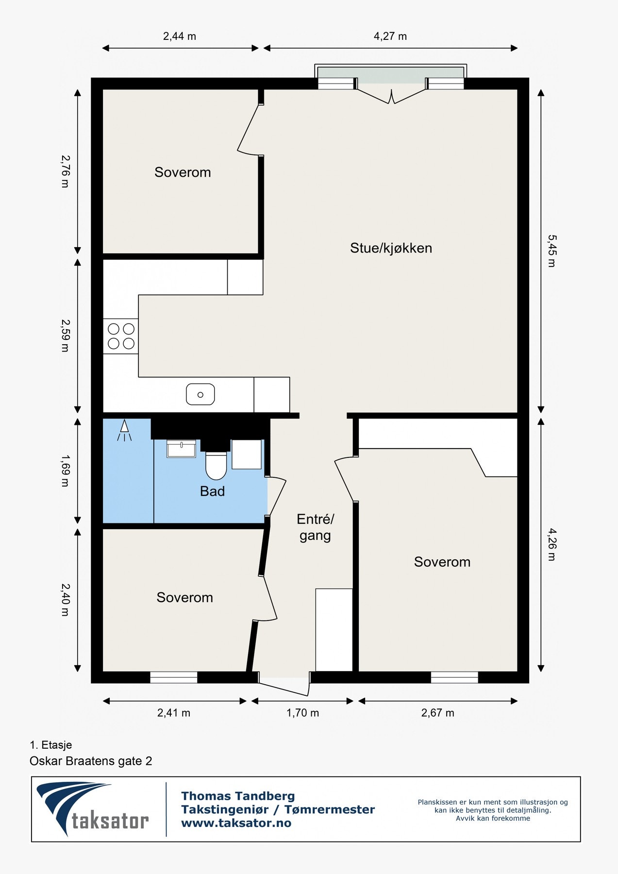 Planløsningen er god, med tre soverom og en sosial løsning. Galleribilde