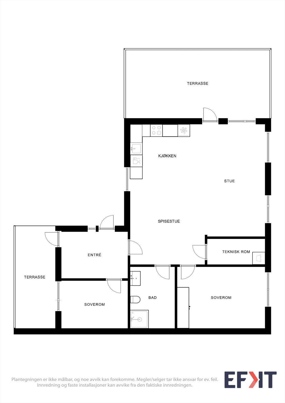 Planløsningen på 82 m² er arealeffektiv med to soverom, åpen stue/kjøkken og adkomst til to separate terrasser. Galleribilde