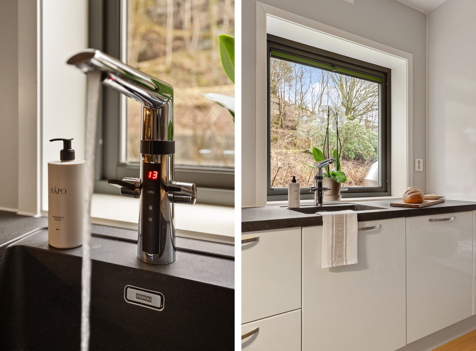 Merk kjøkkenarmaturen med berøringsfri funksjon og digital temperaturdisplay. Galleribilde