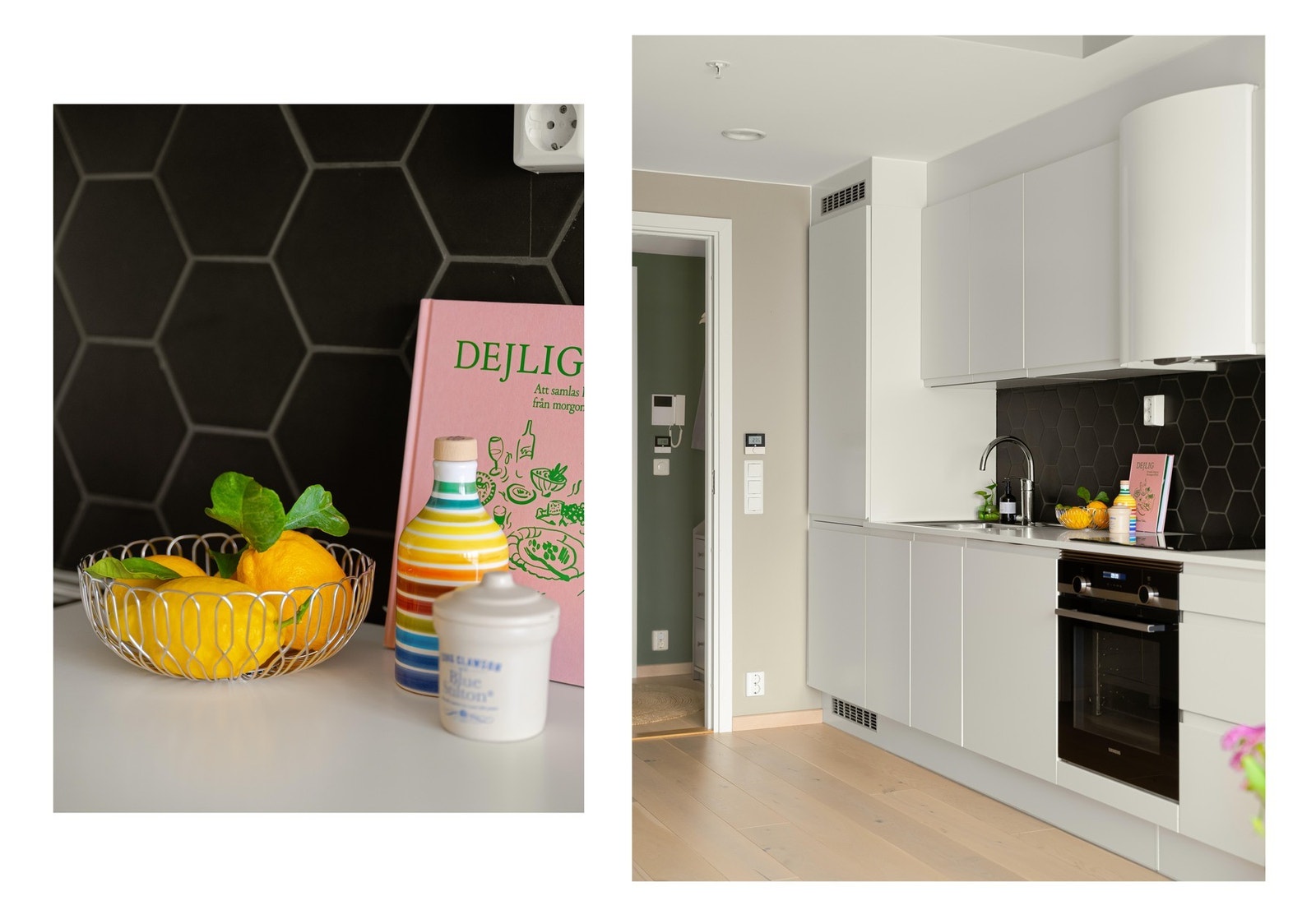 Innredningen består av glatte fronter, laminat benkeplate og integrerte hvitevarer. Galleribilde