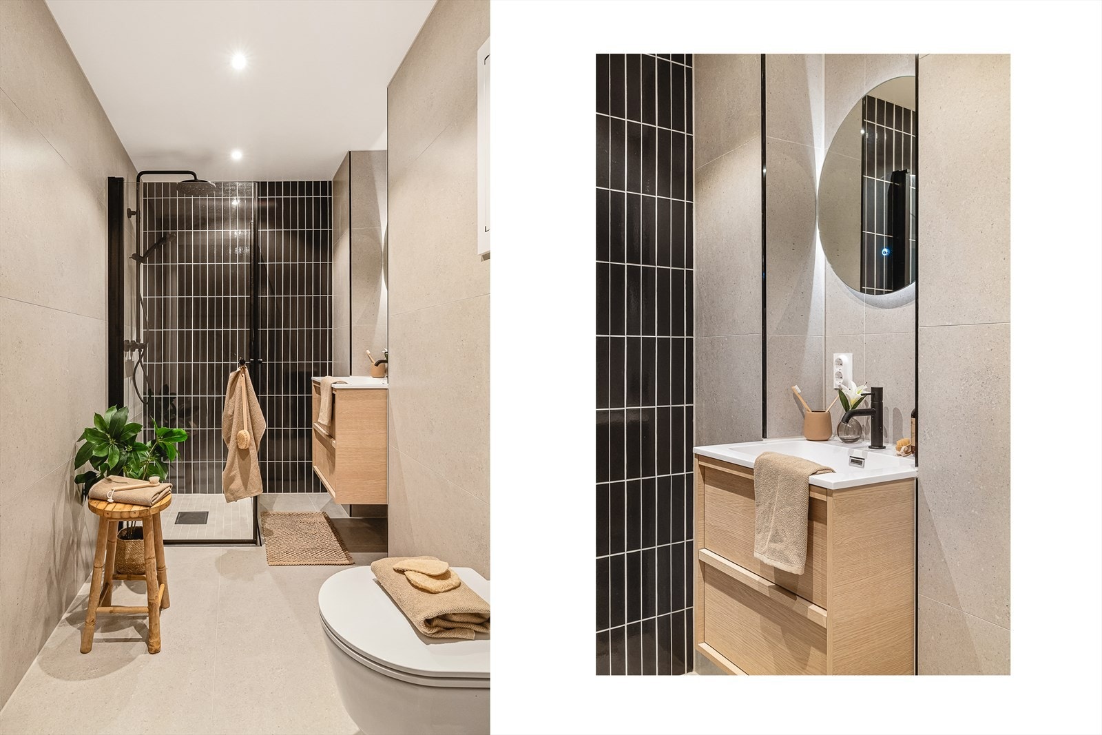 Et nydelig bad fra 2026 med gode materialvalg og varmekabler i gulv. Galleribilde