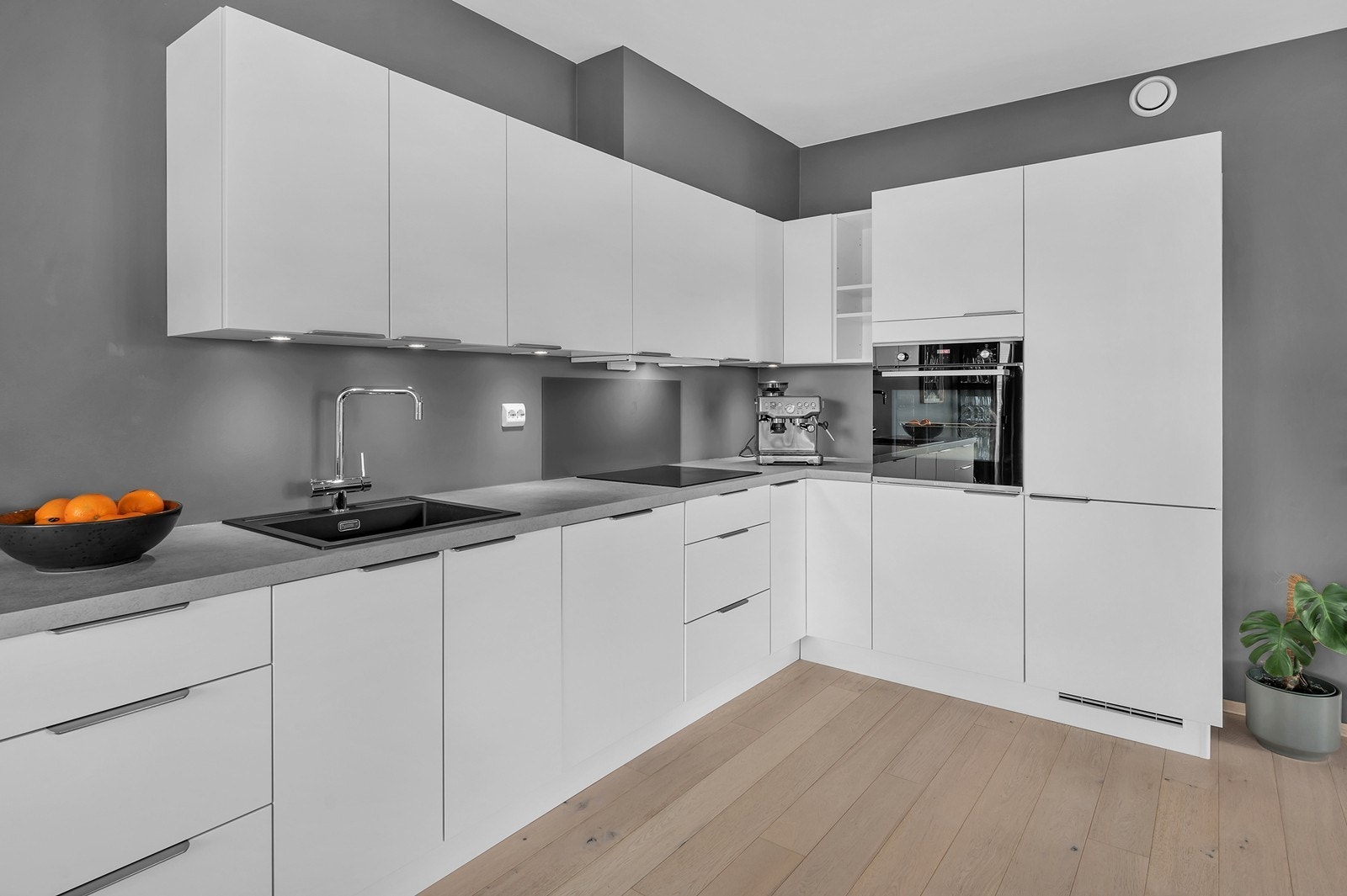 Integrete hvitevarer: Stekeovn, platetopp, kjøleskap og oppvaskmaskin Galleribilde