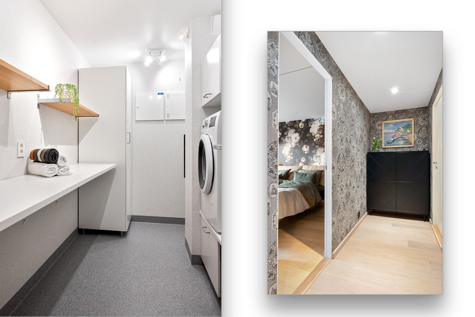 Vegg i vegg med badet ligger et praktisk innredet vaskerom og boligen har i tillegg eget toalettrom - perfekt for gjestene. Galleribilde