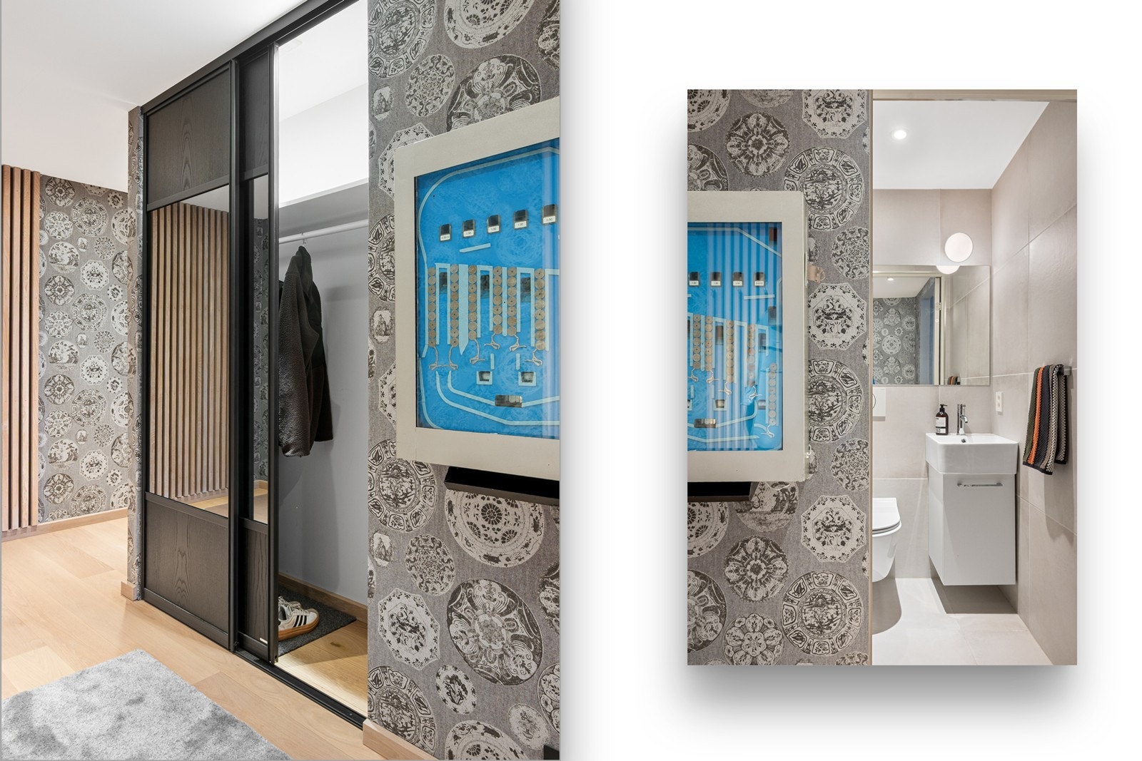 I gangen er det tilgang til toalettrommet og en skyvedørsgarderobe. Myntspillet på veggen medfølger ikke. Galleribilde