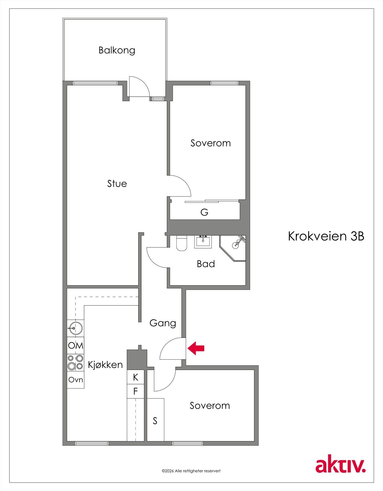 Planskisse av leiligheten. I tillegg disponerer leiligheten to boder i felles kjeller. Galleribilde