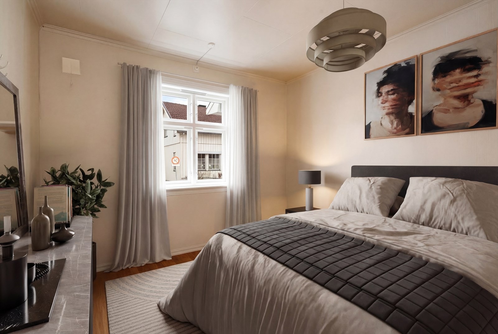 Soverommet i hybelen er av god størrelse, med østvendt beliggenhet. (Digital møblering, kun en illustrasjon) Galleribilde