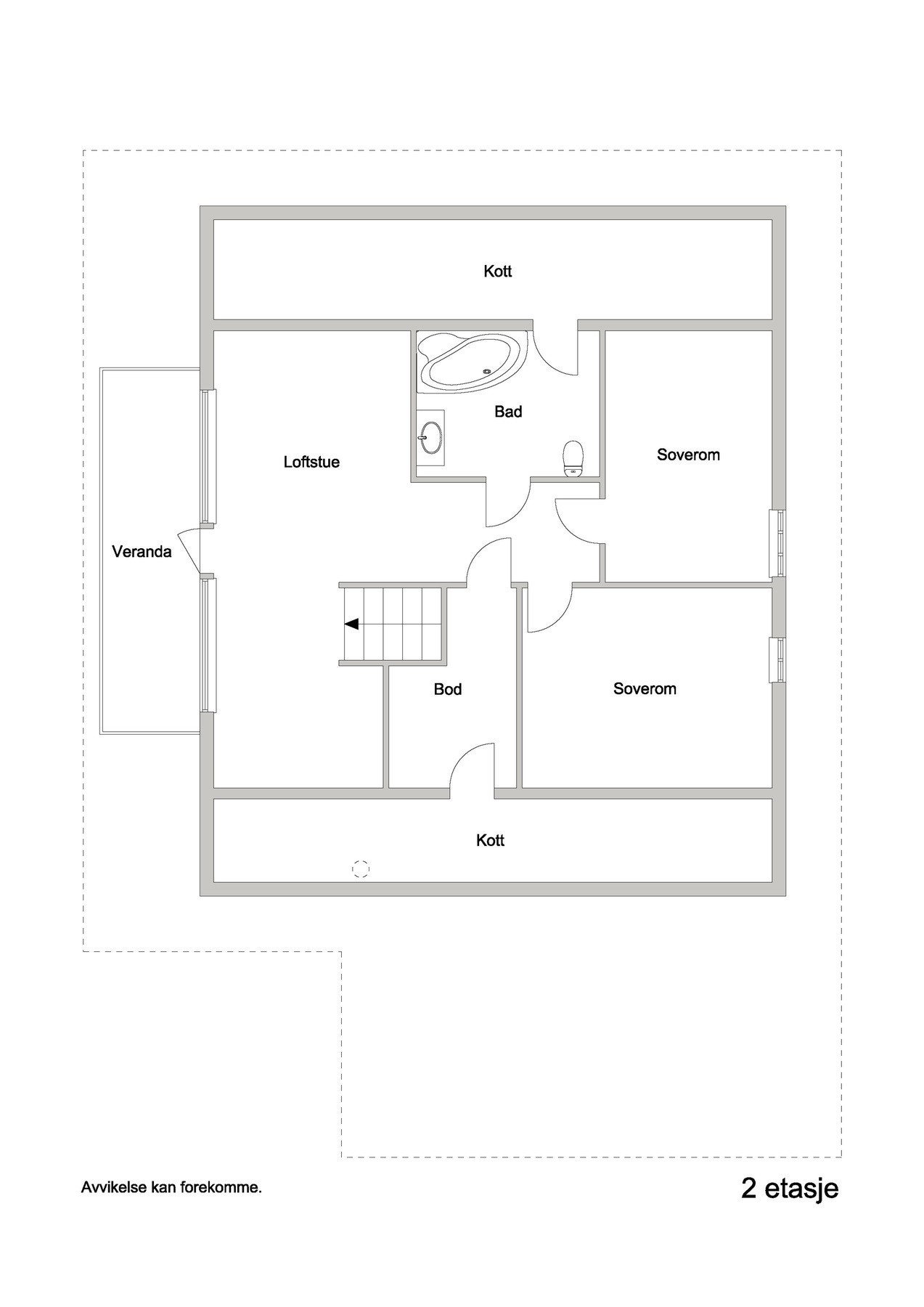 Plantegning av loft. Loftet er innredd i ettertid og er ikke omsøkt og godkjent hos kommunen pr. i dag. Galleribilde