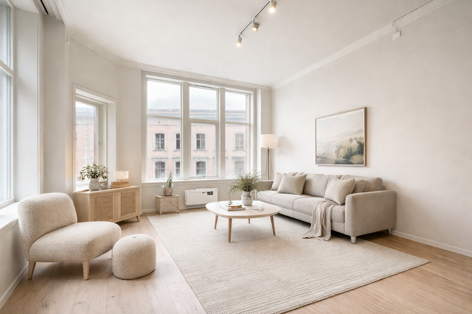 Leiligheten er uinnredet, men dette er et eksempel på hvordan stuen kan se ut når du får satt ditt eget preg på den. Galleribilde