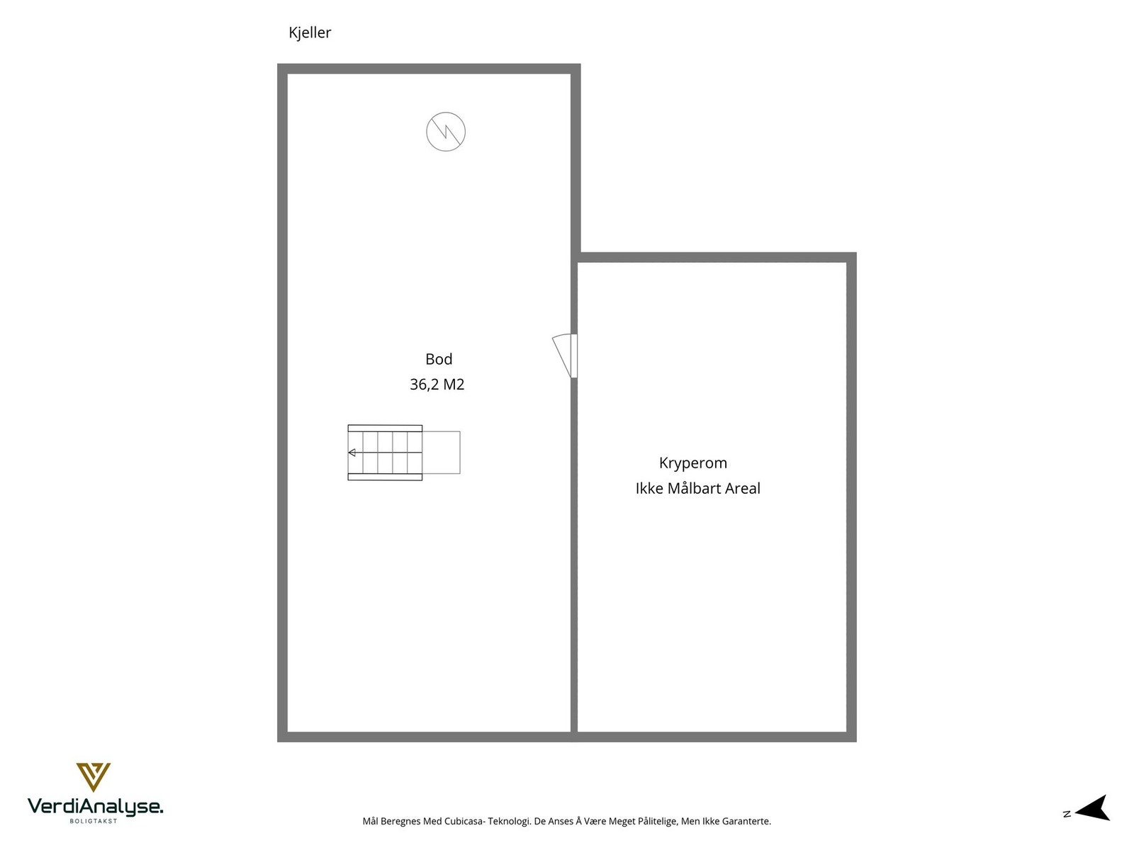 Planskisse av kjelleretasjen. Her har man meget godt med oppbevaringsplass - tilgang til denne ved siden av gangen, i den eldre delen av huset. Galleribilde