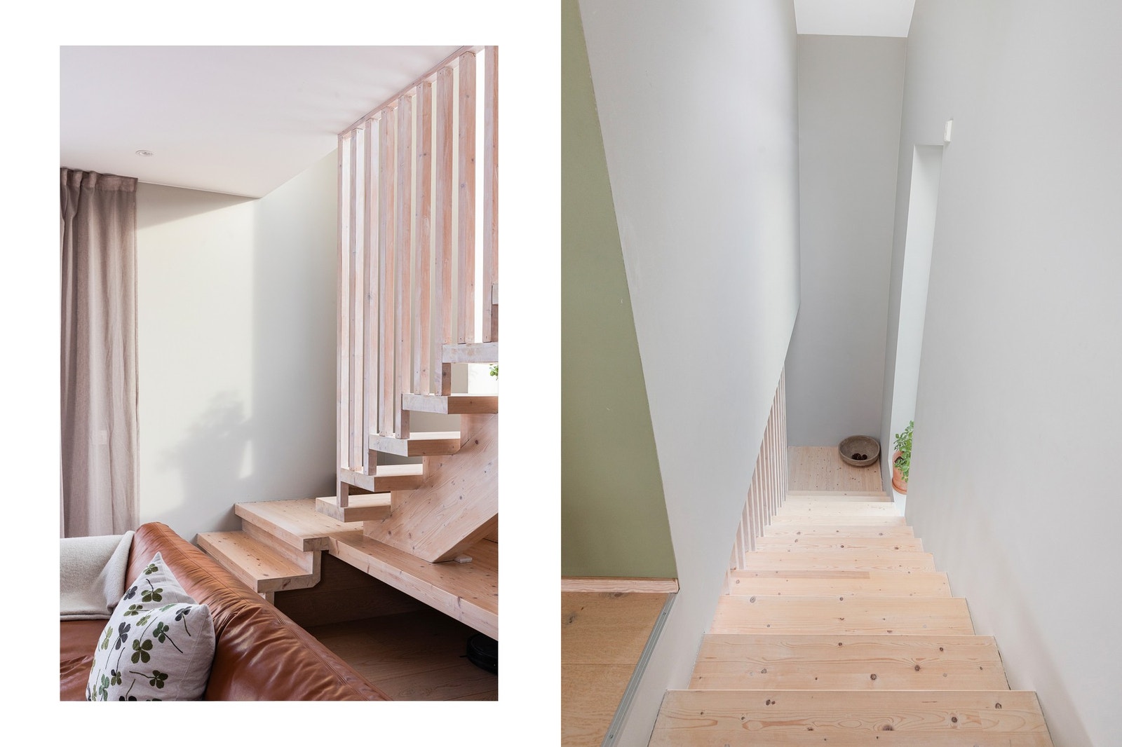 Trappa oppleves som et møbel i rommet - herlig lysinnslipp gjennom spilene i trappa, og videre inn i stua. Galleribilde