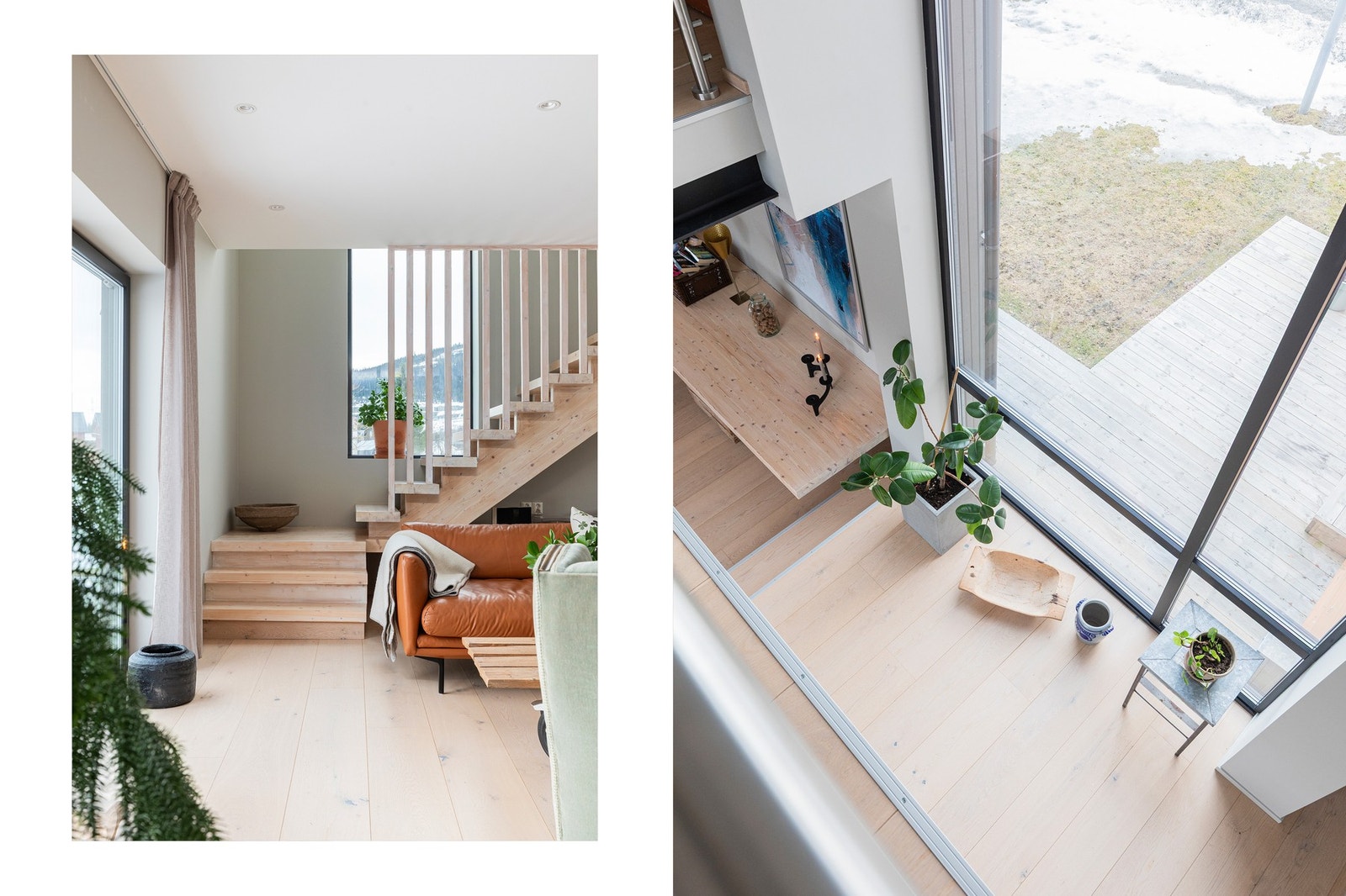 Store, flotte vinduer fra gulv til tak ut mot åkerlandskapet - utsikten kan også nytes fra gangbrua i 2. etasje. Det er etablert tilsvarende vinduer ut mot gårdsrommet. Galleribilde