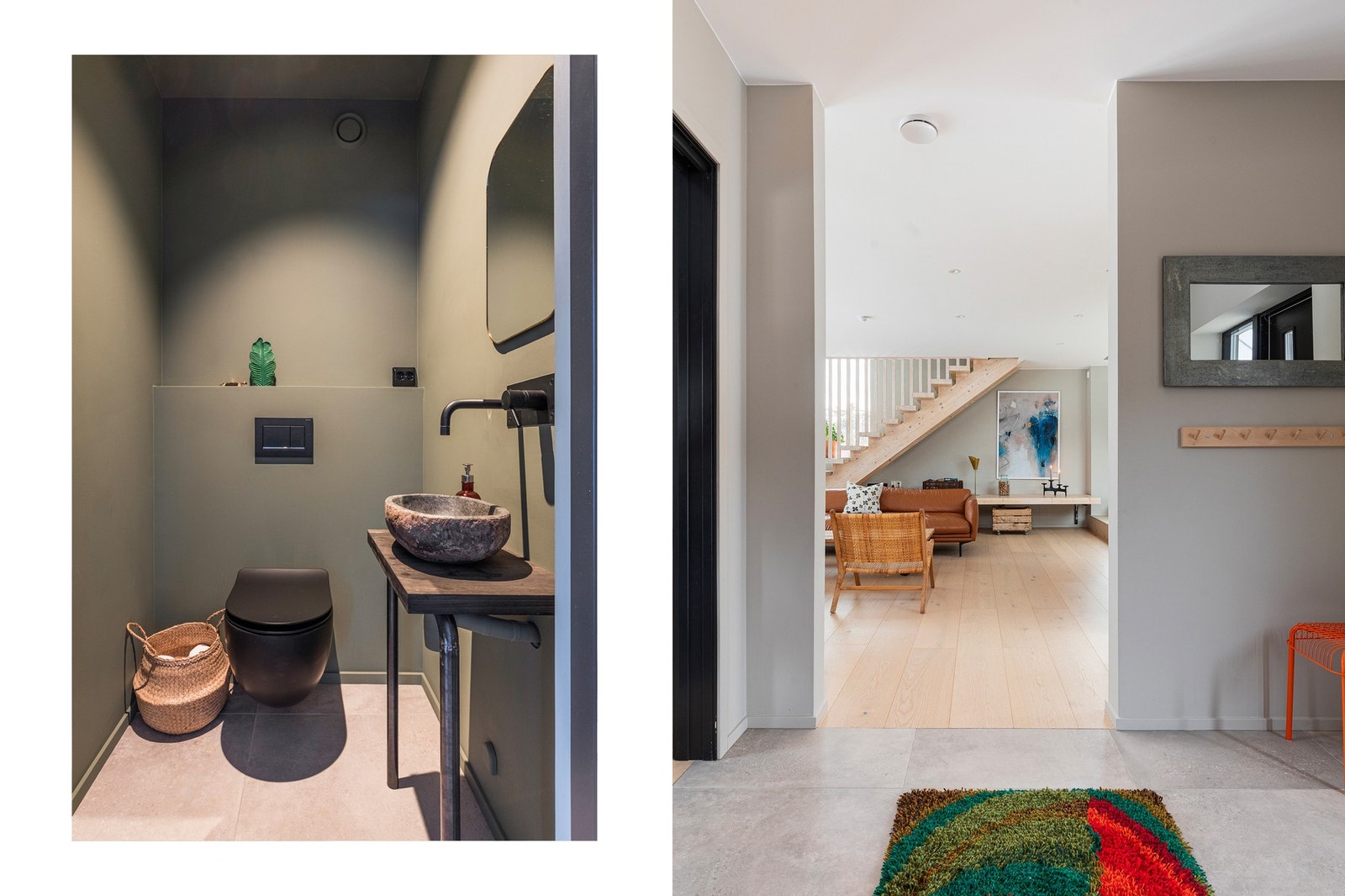 Pent WC-rom med vegghengt toalett og vask. Pene detaljer på toalettet med innebygd servantarmatur. Galleribilde