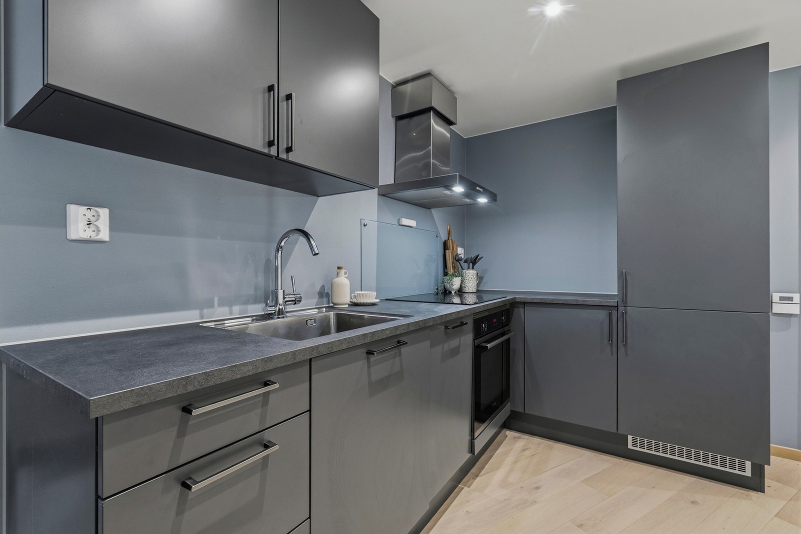 Rålekkert kjøkken. Integrert induksjonsplatetopp, stekeovn, oppvaskmaskin (smal modell) og kjøle-/fryseskap. Galleribilde