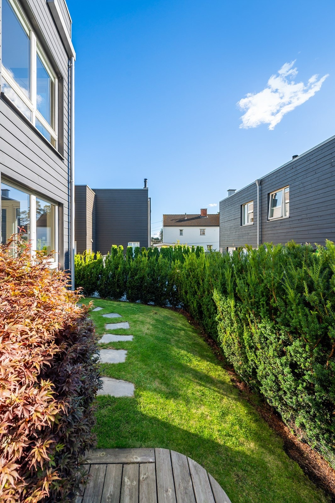 En skjermet gangsti langs siden av huset leder til hagen. Galleribilde
