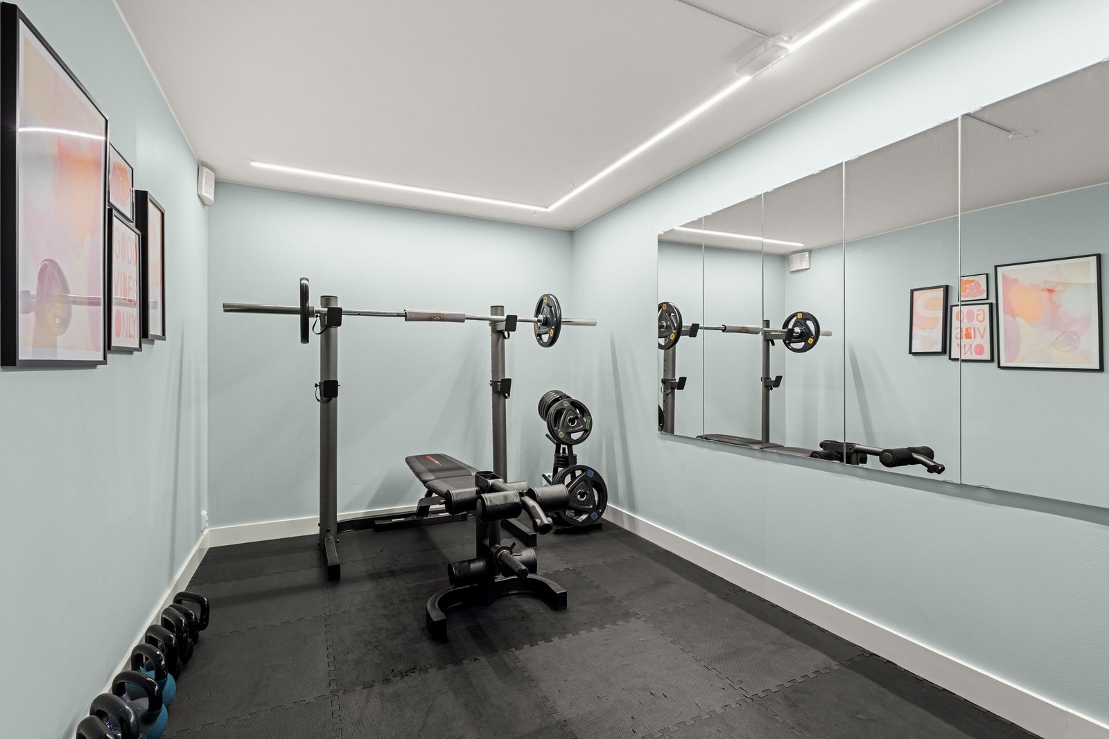 Speil langs den ene veggen og slitesterkt gulv gjør dette til et ideelt trimrom. Galleribilde