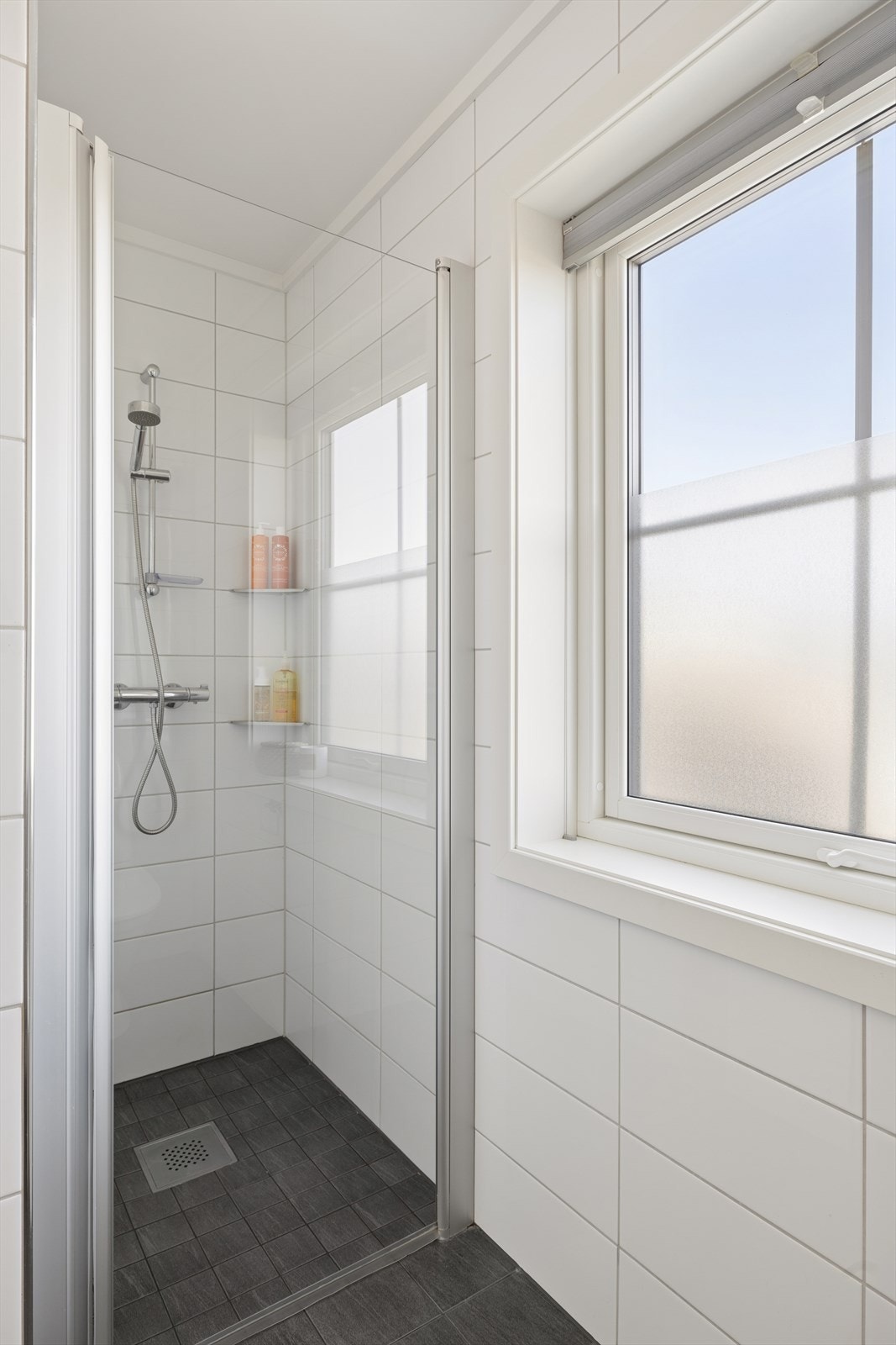 Praktisk dusjnisje og gulvmontert toalett. Galleribilde