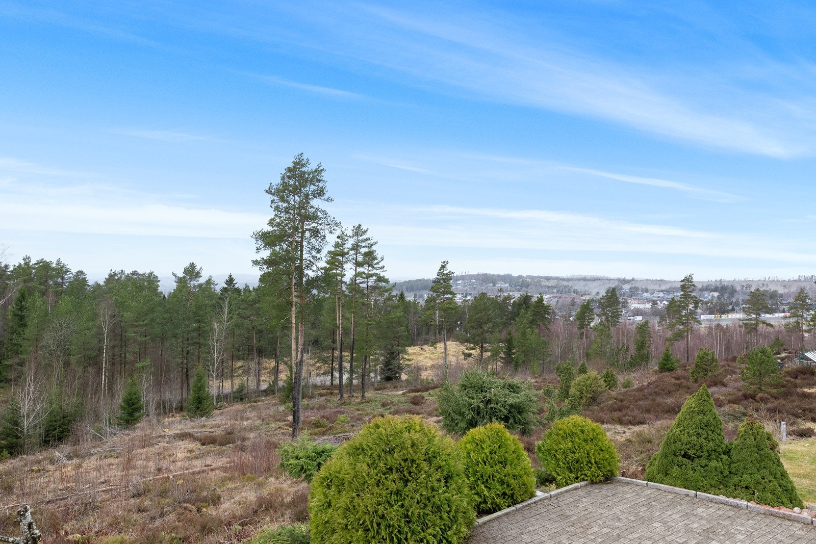 Utsikt fra eiendommen mot omkringliggende skog og natur. Galleribilde