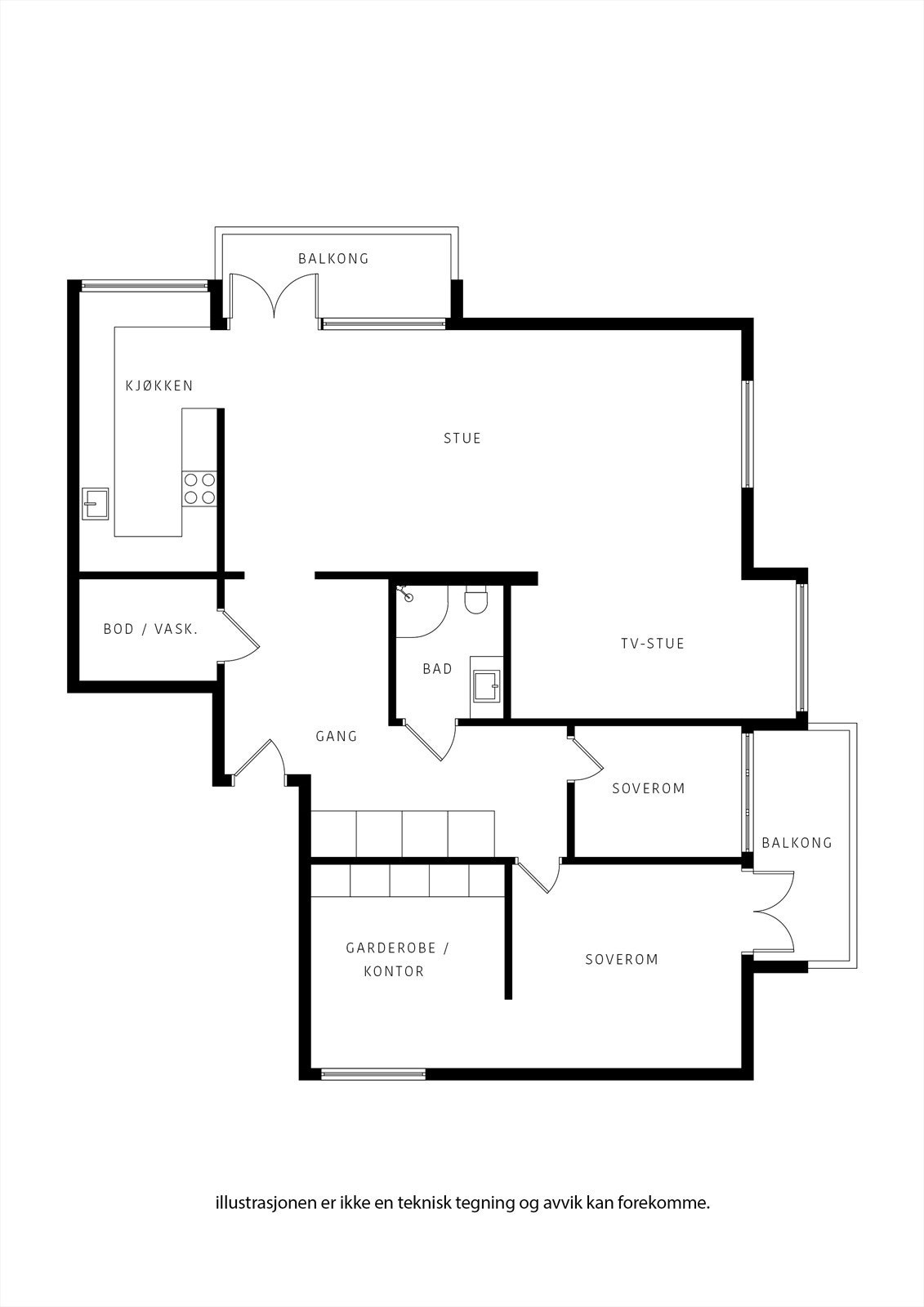 Svært innholdsrik leilighet med en planløsning som kan, om ønskelig, gi flere soverom. Galleribilde