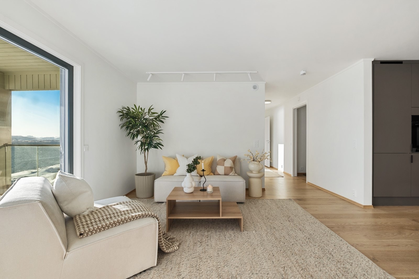 Man kommer til stuen via gangen som kobler leiligheten sammen Galleribilde