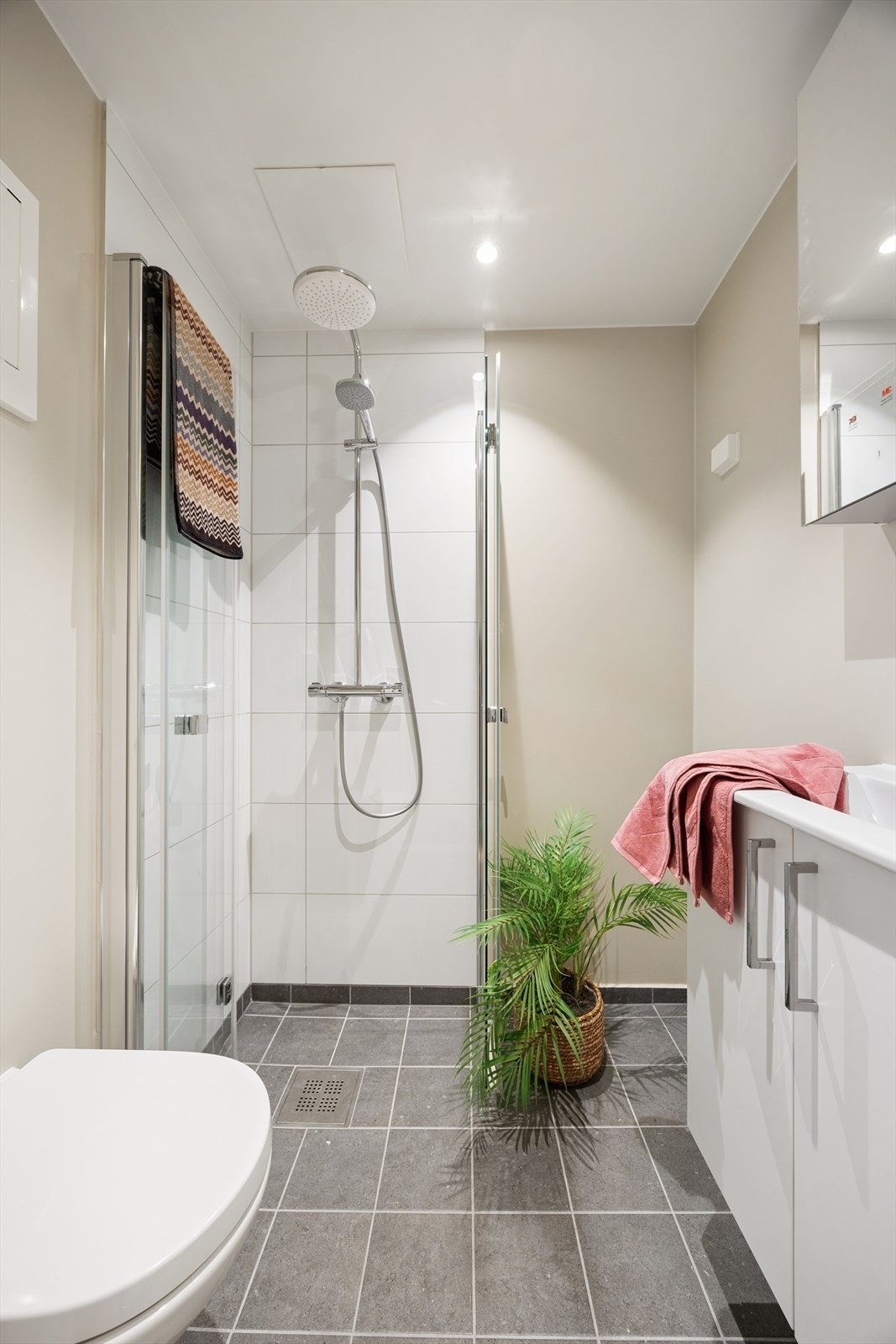 Badet er utstyrt med heldekkende servant på benkeskap med glatte fronter, speilskap, vegghengt toalett samt dusj i hjørnet med svingbare glassvegger. Det er også opplegg for vaskemaskin. Galleribilde