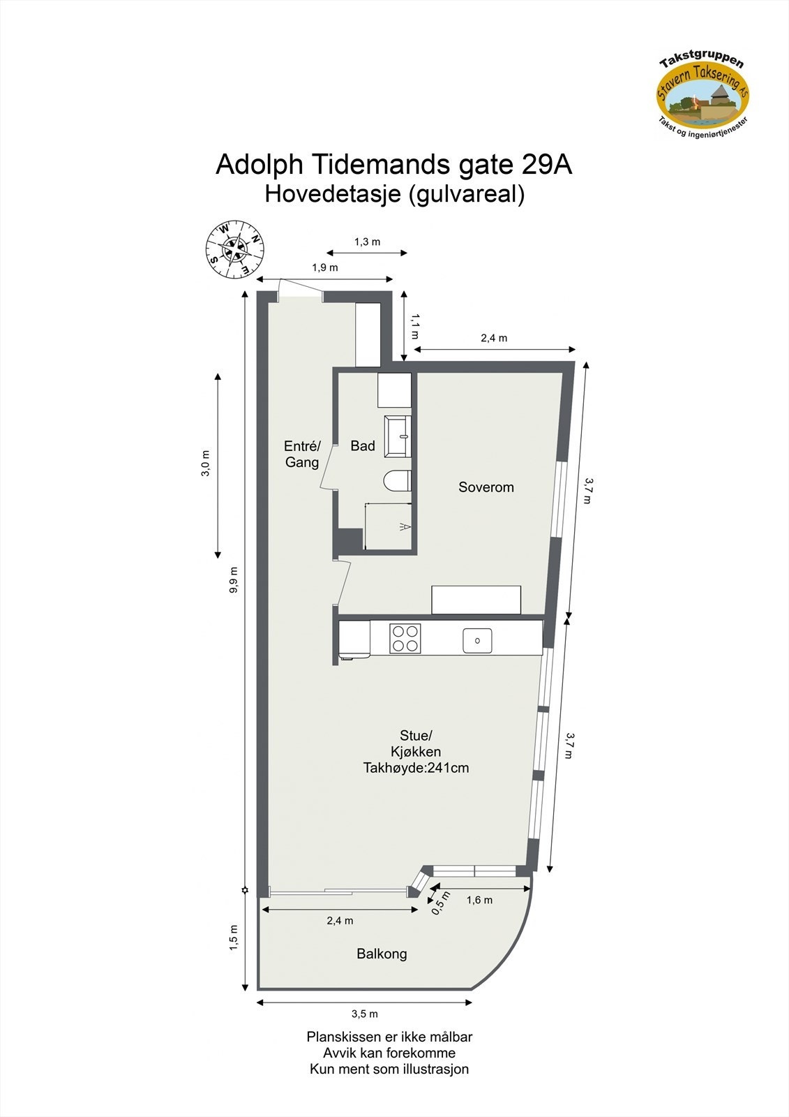 Leiligheten har et areal på 41 m² og en arealeffektiv planløsning som omfatter entré, bad, soverom og stue med åpen kjøkkenløsning. Galleribilde