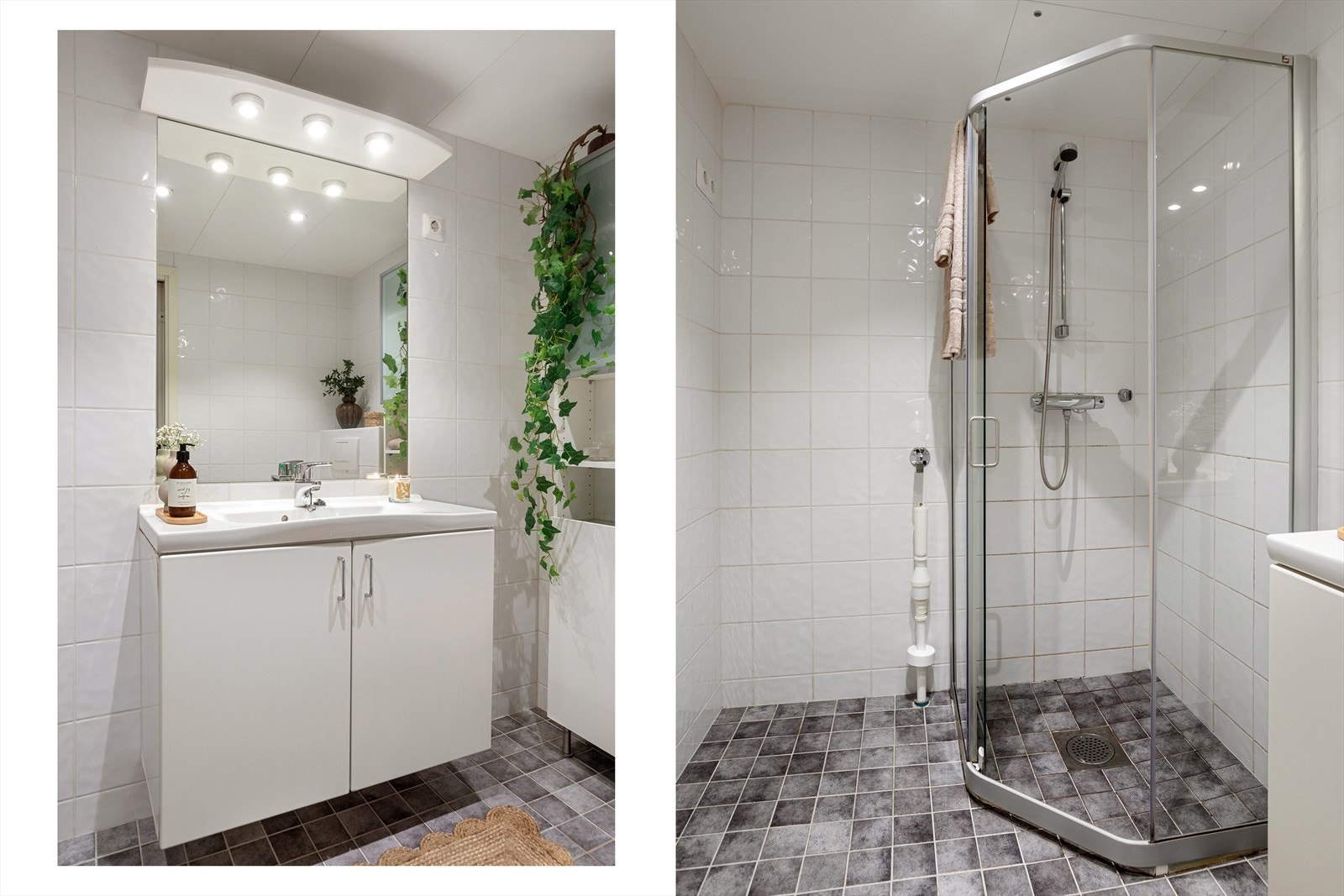 Baderommet er utstyrt med servant med innredning, speil over servanten, veggfestet klosett og dusj på gulv. Det er plass til både vaskemaskin og tørketrommel Galleribilde