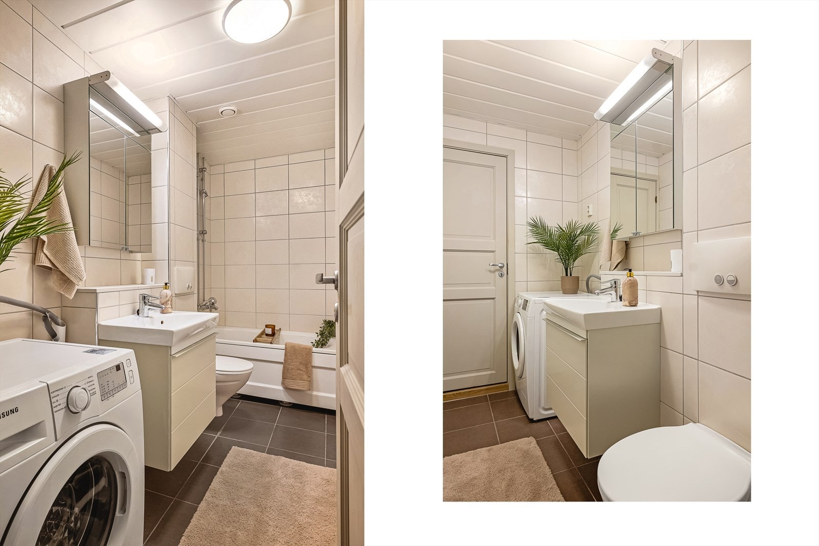 - Helfliset bad med behagelig varme i gulv. Innredet med servantmøbel, speilskap med belysning, badekar, toalett og opplegg for vaskemaskin - Galleribilde