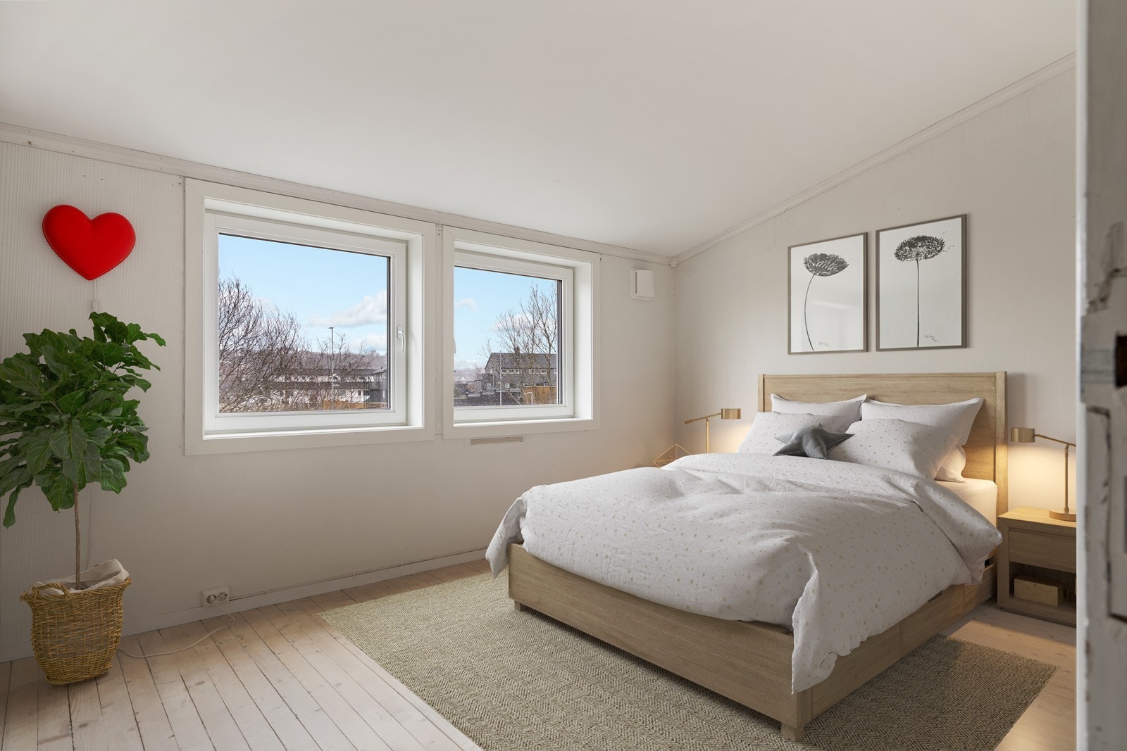 Hovedsoverom er digitalt møblert - I boligens øverste etasje finner du to gode soverom Galleribilde