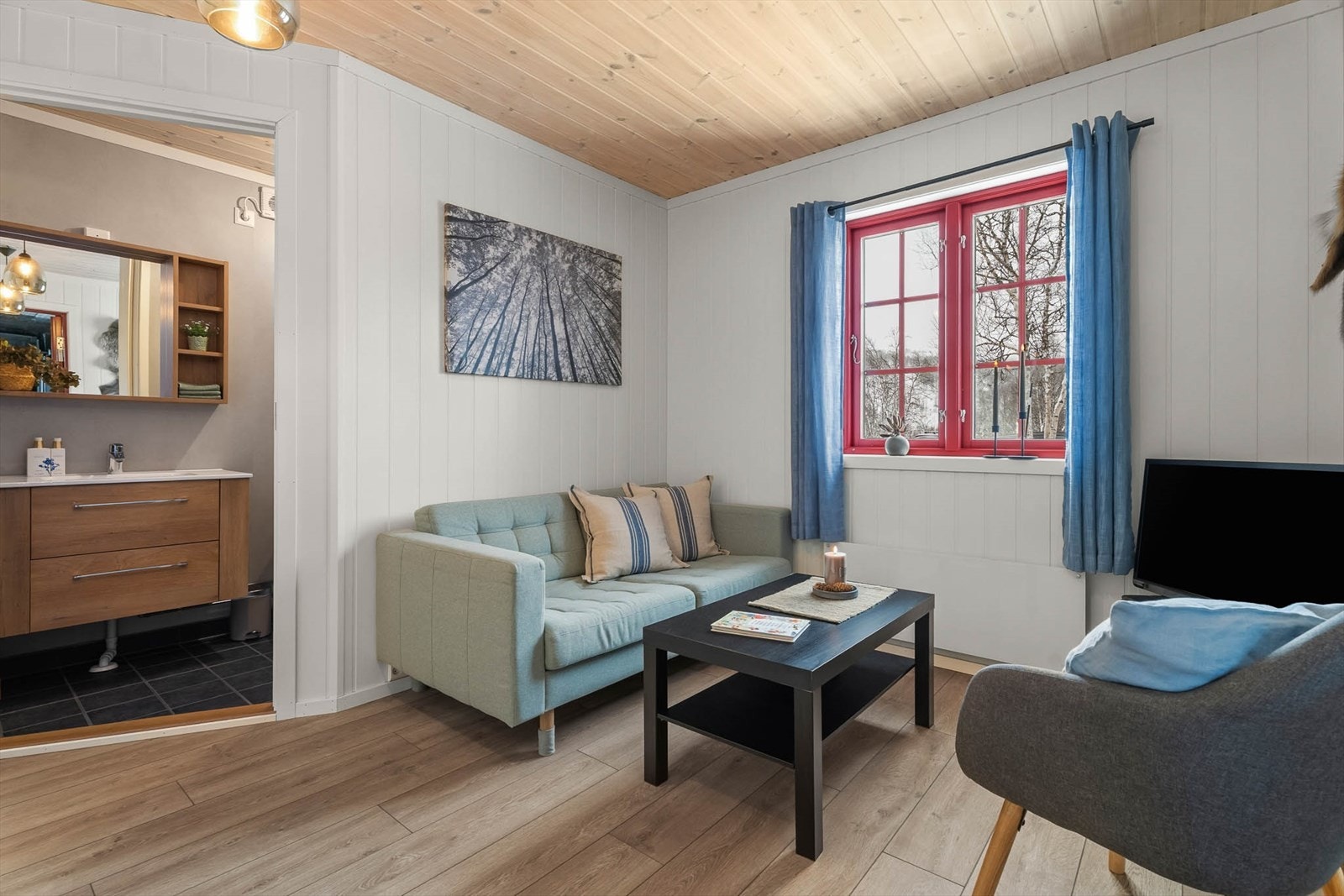 I den lille tv-stuen er det plass til en sofa og tv. Det er laminat på gulv og MDF-plater på vegger. Galleribilde