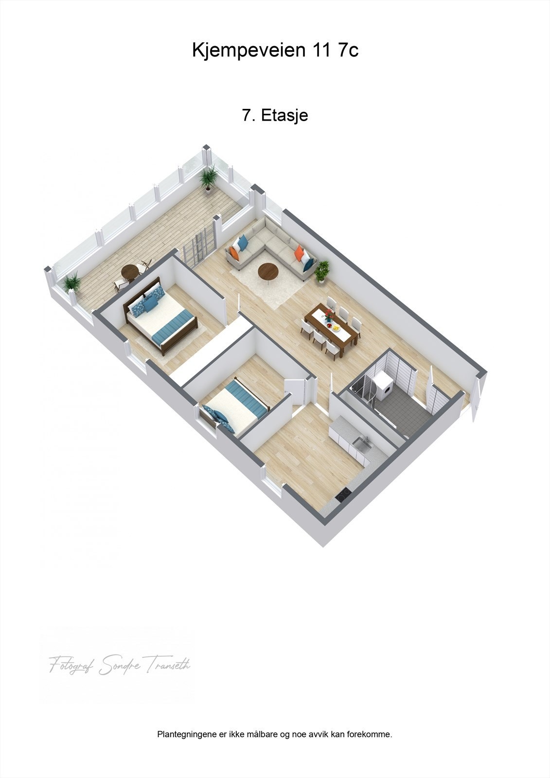 Planløsning 7.etg.: Entre, bad/vaskerom, stue med tilkomst til innglasset balkong, 2 soverom, samt kjøkken. I tillegg medfølger det 2 stk. boder i byggets underetg. Galleribilde