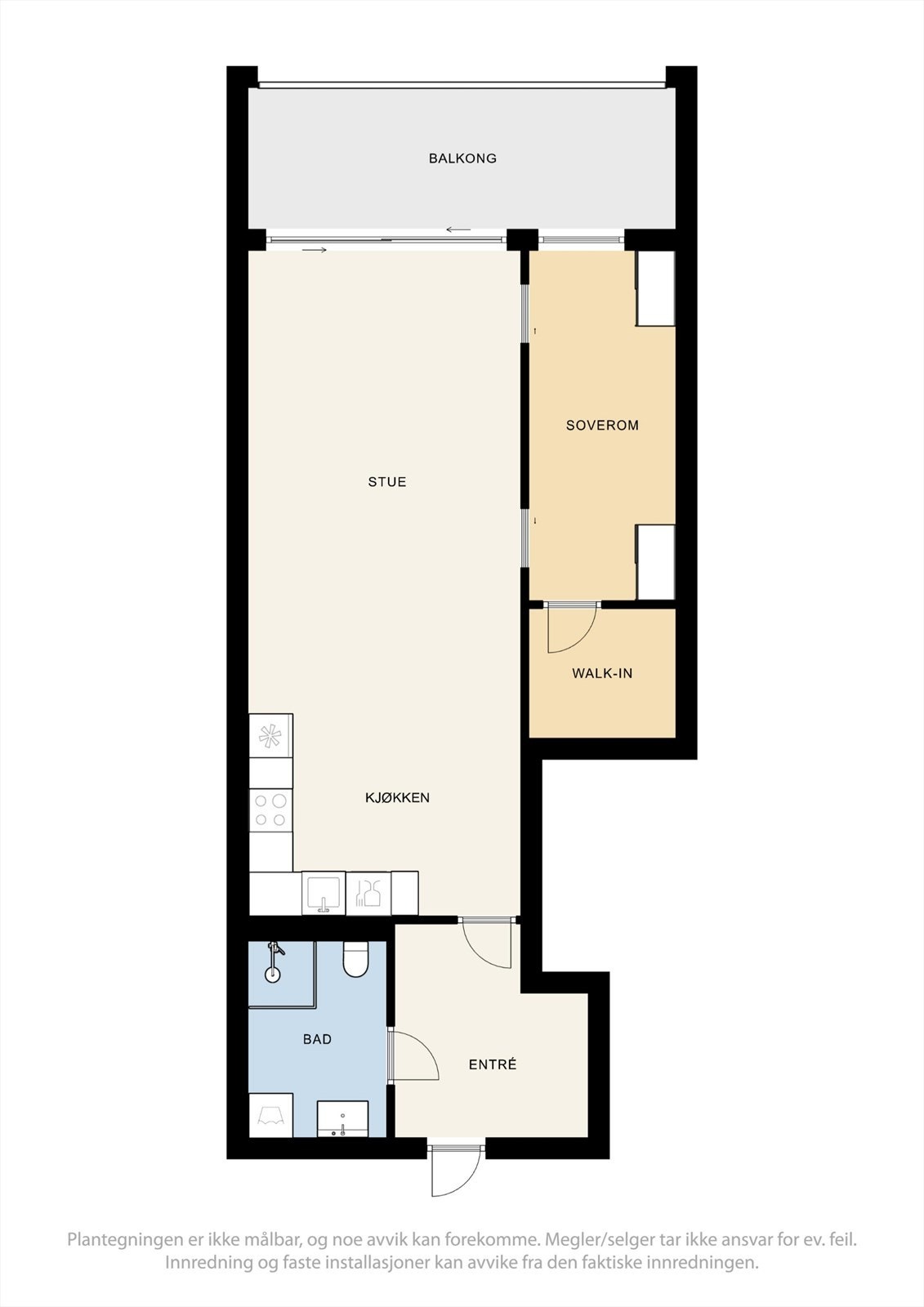 Leiligheten på 63 m² har en arealeffektiv planløsning med åpen stue- og kjøkkenløsning, ett soverom og intern bod. Galleribilde