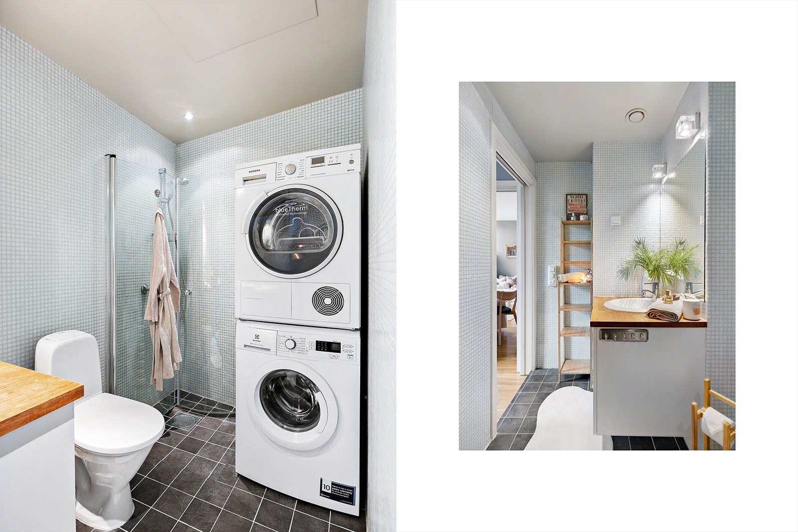 Pent, flislagt bad fra 2005 med gulvvarme. Badet fremstår som svært innbydende i tidsriktige farger og materialer. Galleribilde