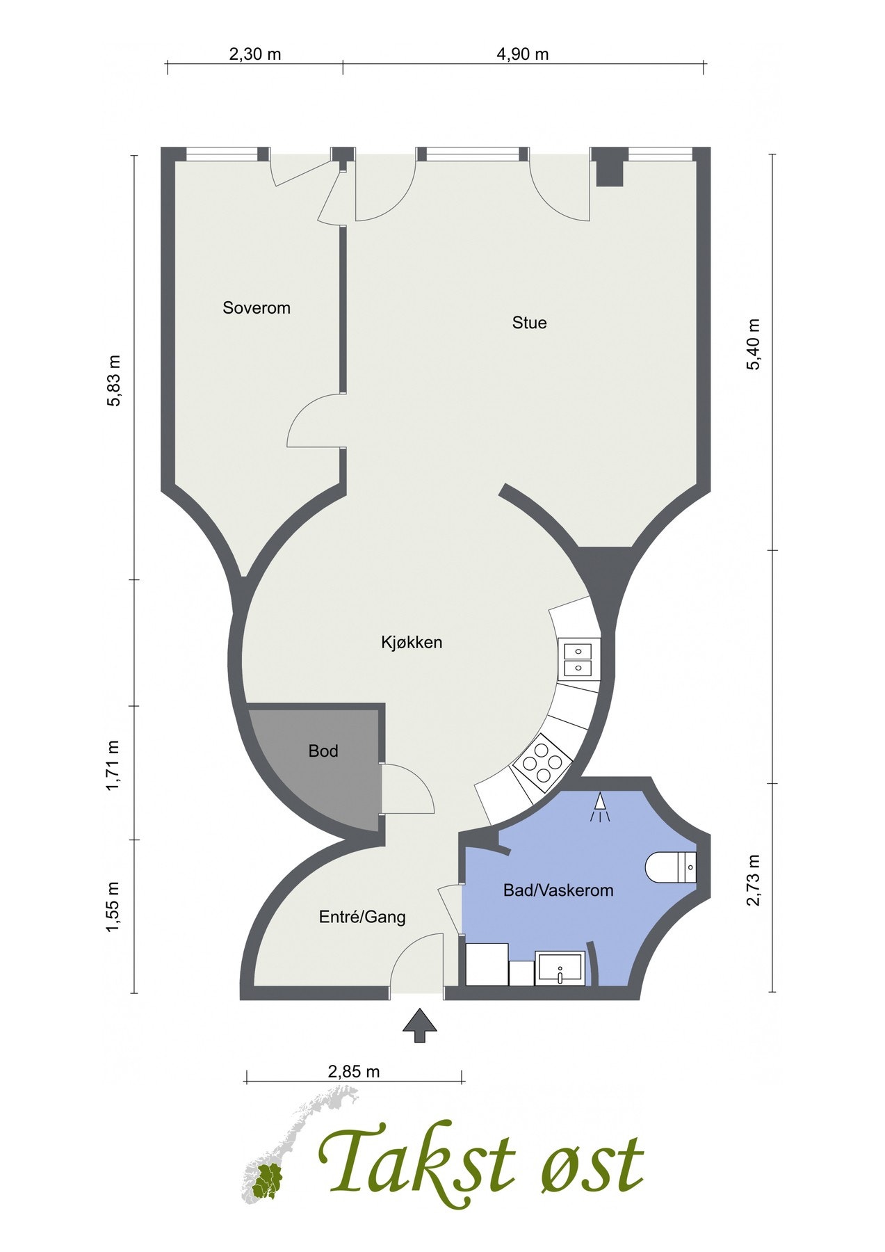 Helt unik planløsning der siloens originale, buede form er bevart. Dette gir leiligheten et særegent uttrykk, med spennende linjer og en romfølelse som skiller seg tydelig ut fra det ordinære. Galleribilde