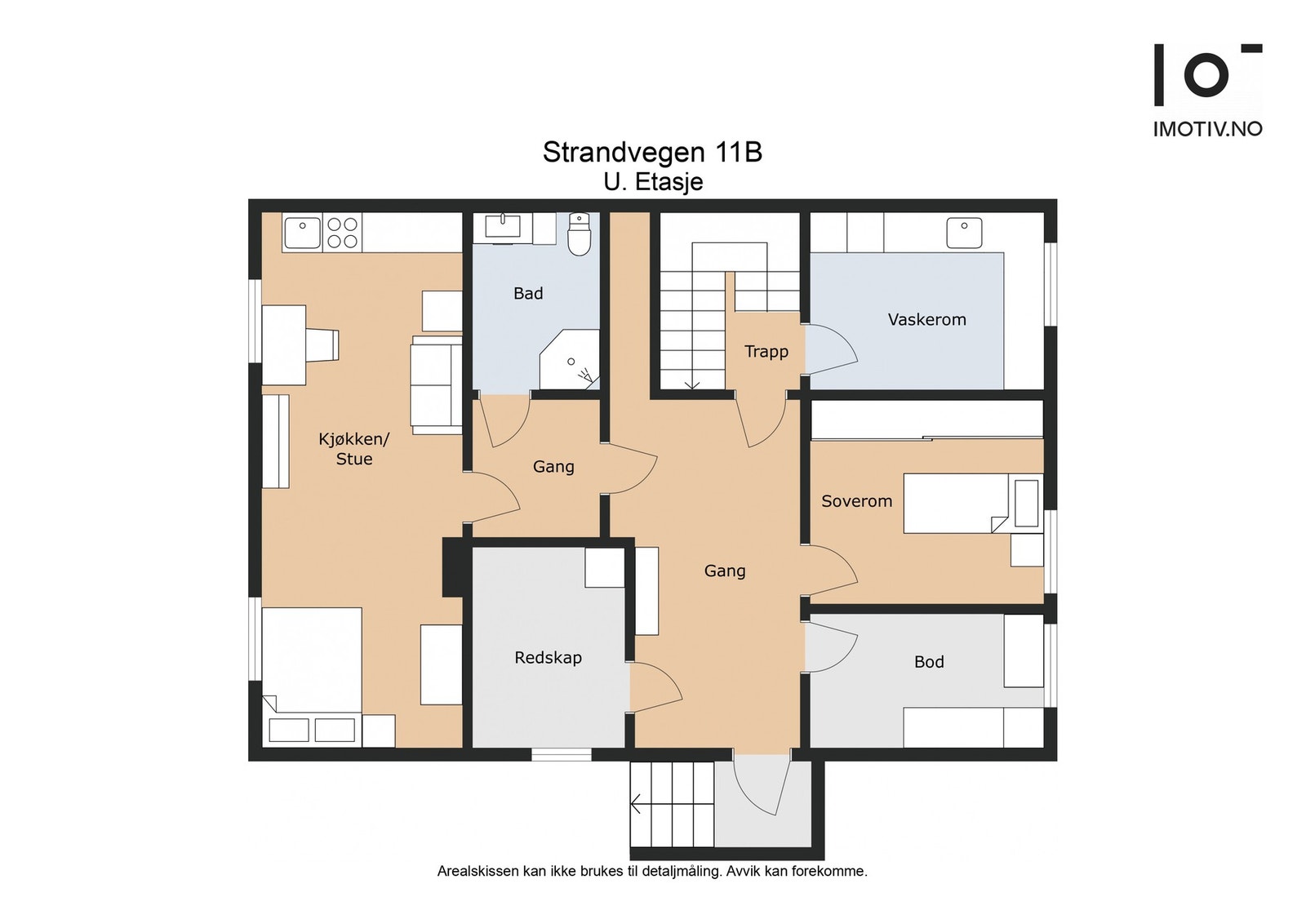 Plantegning underetasje - BRA hoveddel: 45 kvm - BRA Annen del: 35 kvm. Det gjøres oppmerksom på at rommene er ikke godkjent for varig opphold og utleiedel er ikke godkjent for varig opphold. Galleribilde