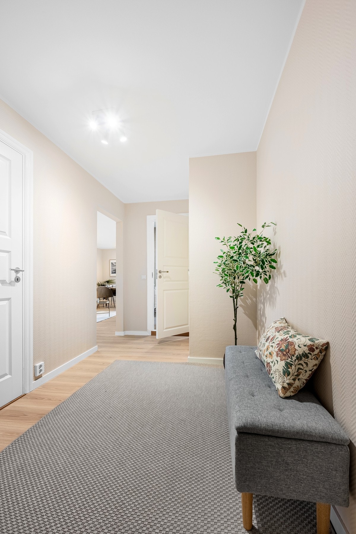 Velkommen inn i en romslig gang med nøytrale farger, førsteinntrykket som setter tonen for hjemmet. Galleribilde