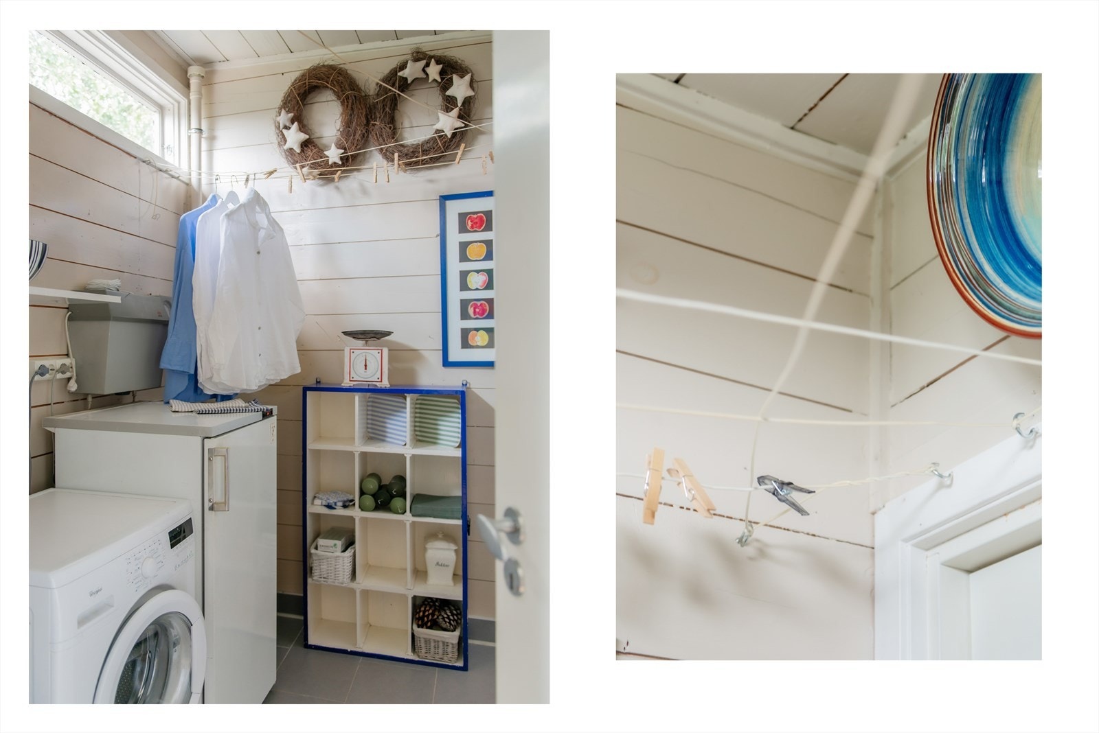 Praktisk vaskerom med opplegg for vaskemaskin og bereder. Her er det godt med lagringsplass. Galleribilde