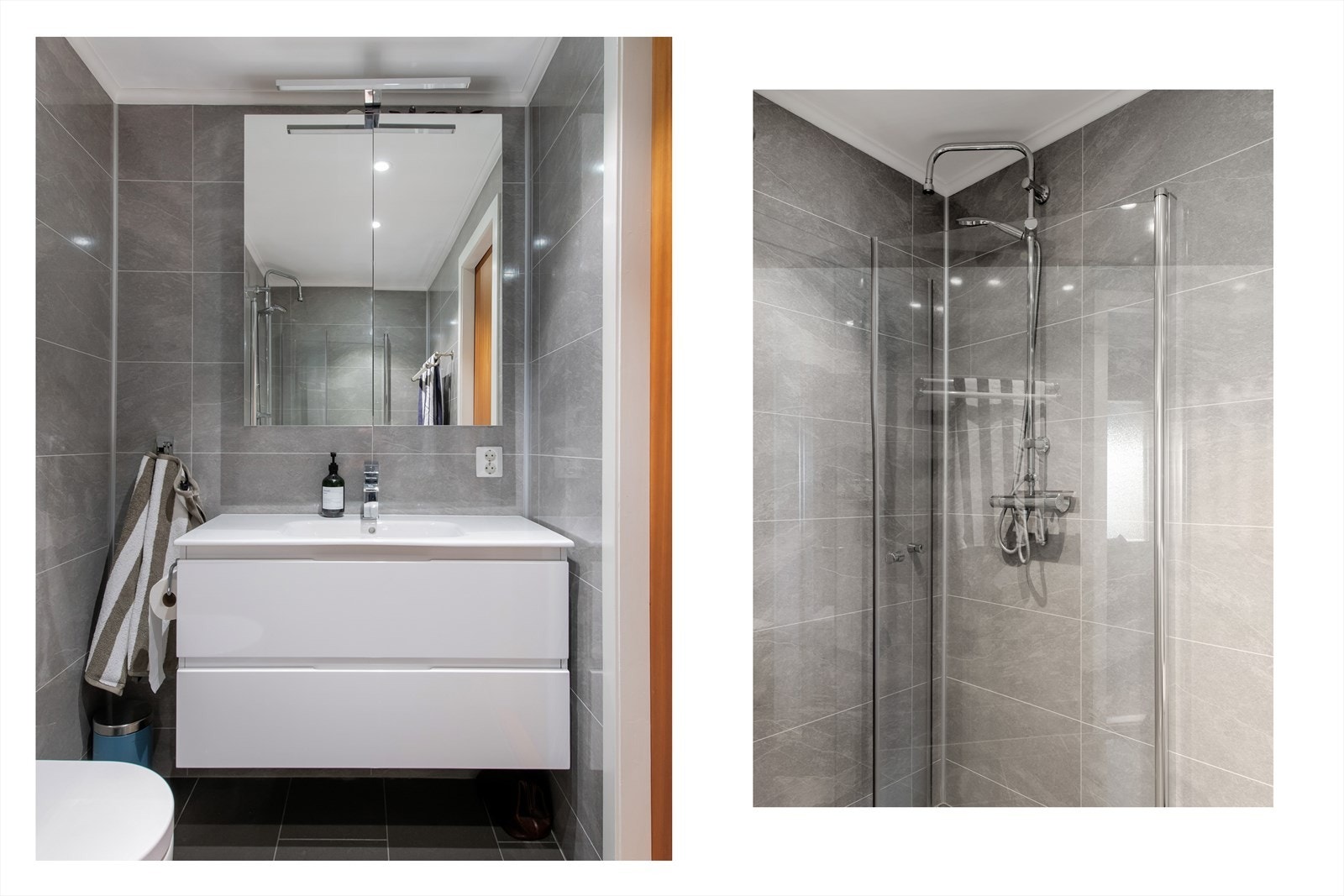 Badet ble pusset opp i 2017, og har overflater med fliser på gulv, våtromsplater på vegg og slette malte flater i himling. Rommet inneholder veggmontert toalett, dusjhjørne og baderomsinnredning med skuffer, servant og vegghengt speilskap. Galleribilde