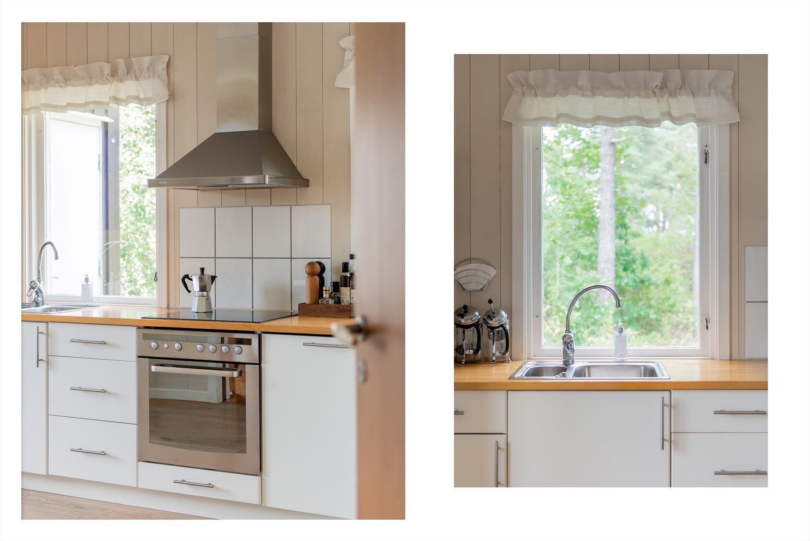 Hvitevarene består av integrert komfyr og platetopp og frittstående kjøleskap.Det er godt med lagringsplass i overskap, benkeskap og skuffer. Galleribilde