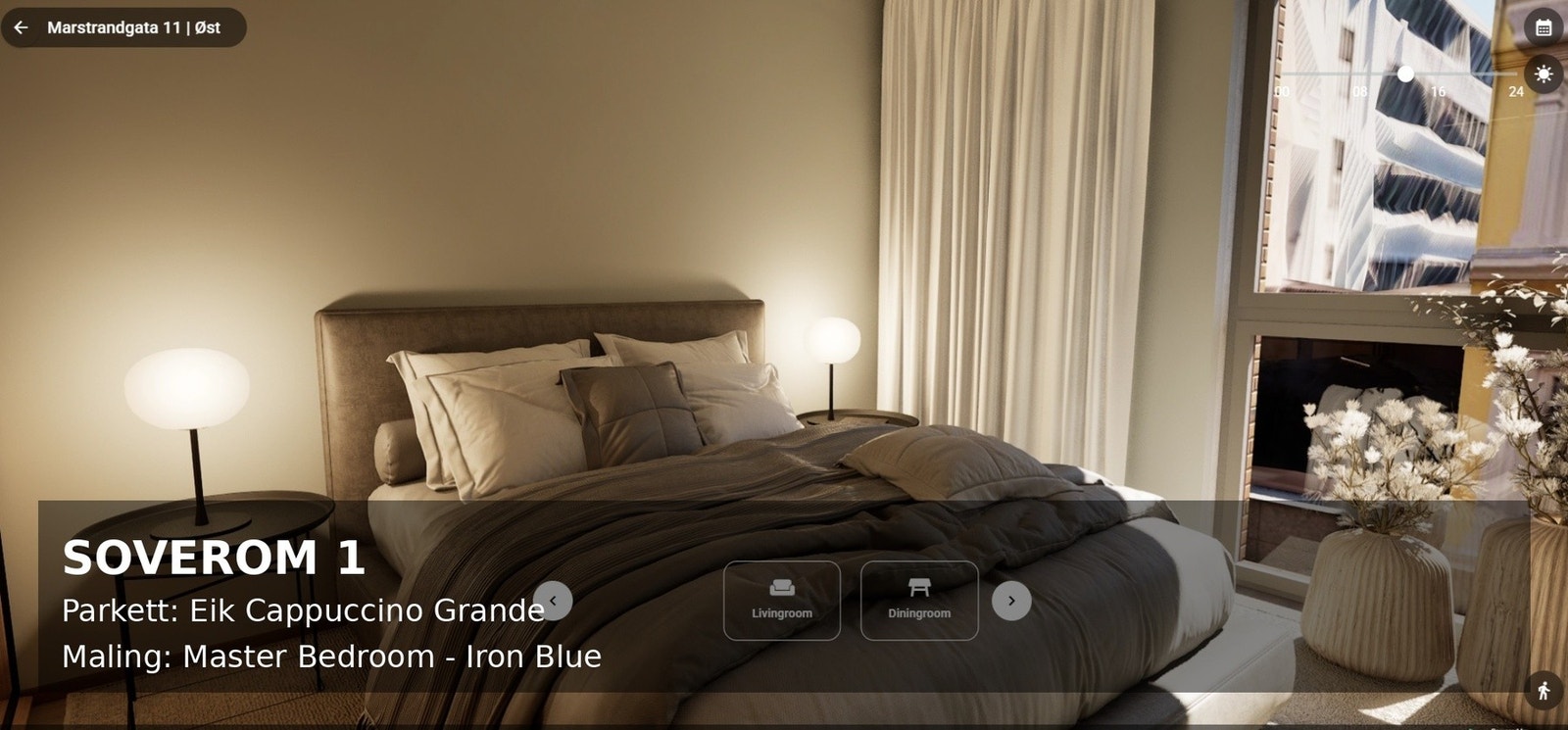 God plass til garderobeløsning på hovedsoverommet. Her fra hovedsoverommet med stort vindu og god størrelse. Innvendig bilde er hentet fra illustrasjonsmodell av tilsvarende leilighet i etasjen under. Avvik kan forekomme, herunder bedre solforhold i aktue Galleribilde