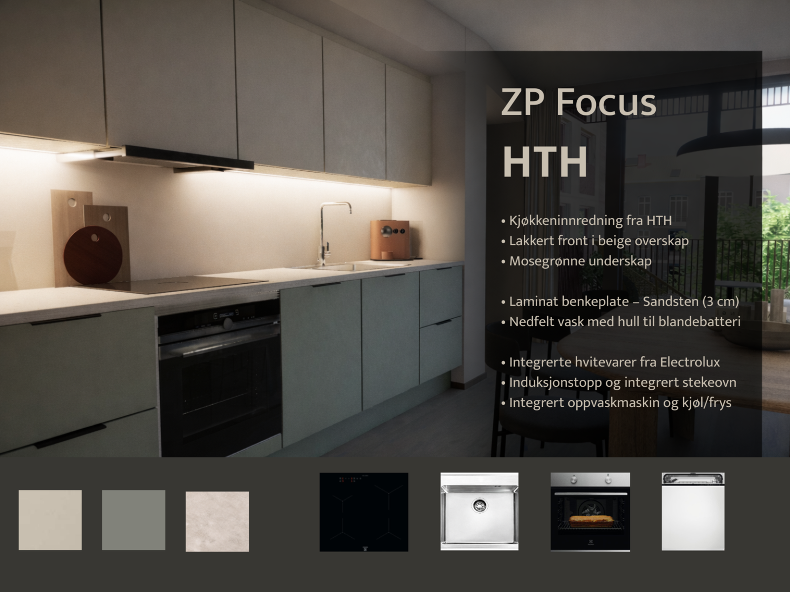 HTH-kjøkken med laminat benkeplate i sandsten, integrerte Electrolux-hvitevarer og smarte skuffeløsninger med demping. Galleribilde