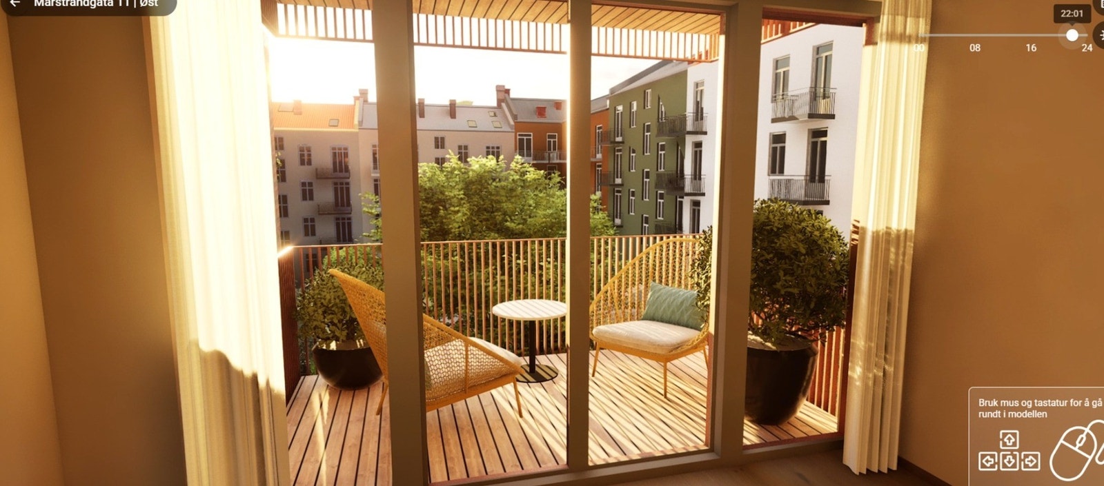 Uteplassen på 6,7 kvm inviterer til hygge og kos i godt selskap. Innvendig bilde er hentet fra illustrasjonsmodell av tilsvarende leilighet i etasjen under. Avvik kan forekomme, herunder bedre solforhold i aktuell leilighet som selges på kontrakt. Galleribilde