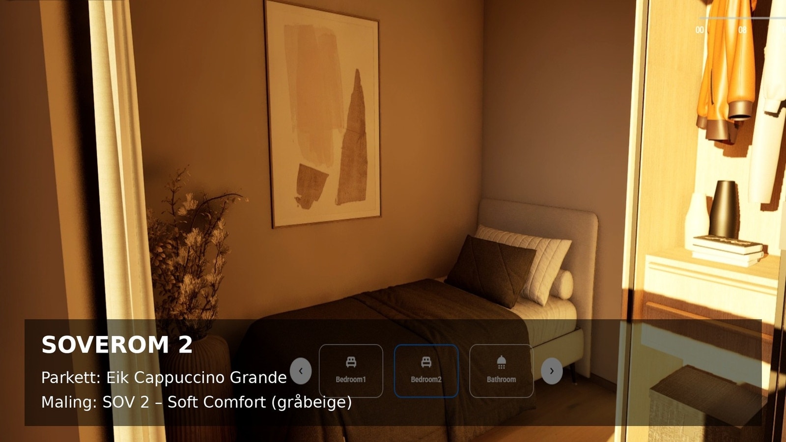 Soverom 2 passer perfekt som barnerom, kontor, eller gjesterom. Innvendig bilde er hentet fra illustrasjonsmodell av tilsvarende leilighet i etasjen under. Avvik kan forekomme, herunder bedre solforhold i aktuell leilighet som selges på kontrakt. Galleribilde