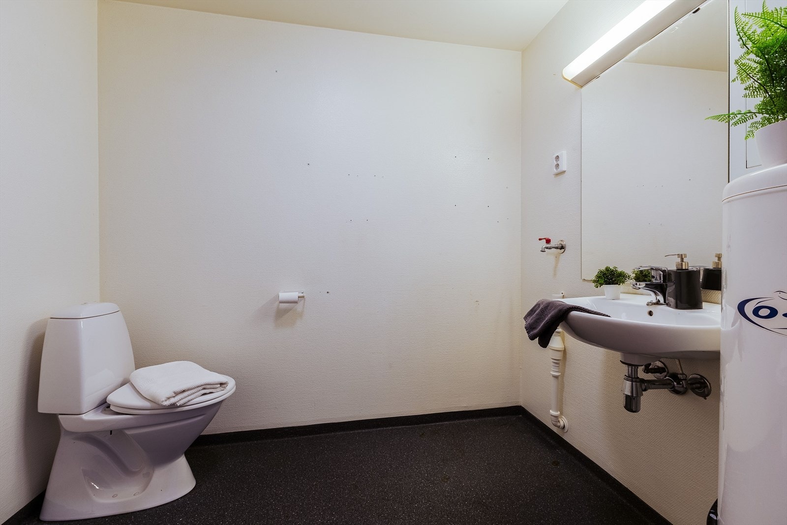 Bad med enkel innredning som : toalett, dusj, servant, varmtvannstank og opplegg for vaskemaskin Galleribilde