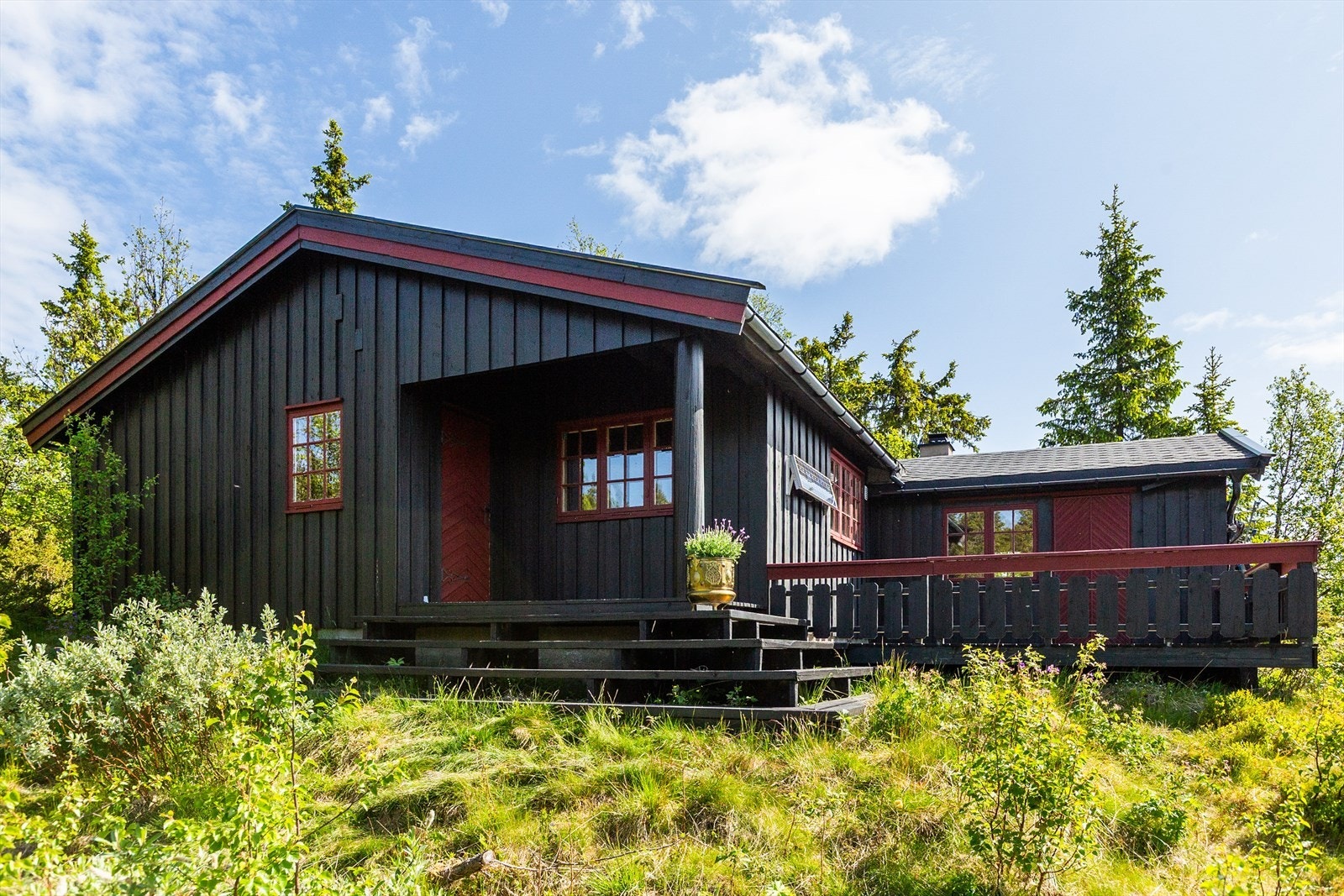 Rundt hytta finner du hyggelige uteplasser; en terrasse fra det overbygde inngangspartiet, og en solrik terrasse vendt mot sør - ideell for rolige sommerdager, grilling og hygge. Galleribilde
